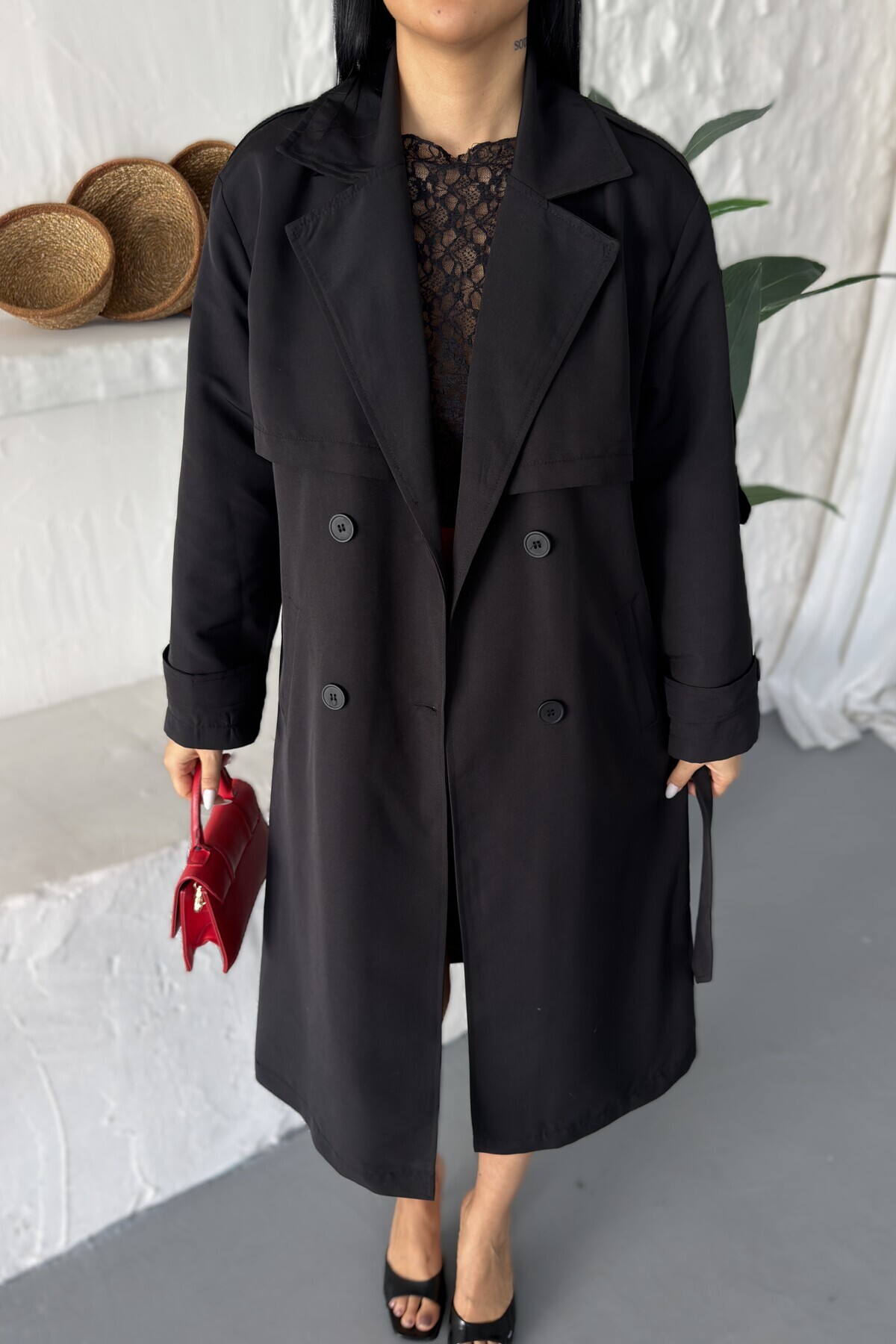 Moderk Uzun Rüzgarlıklı Oversize Kuşaklı Apoletli Kadın Trençkot Maxi Boy görsel 7