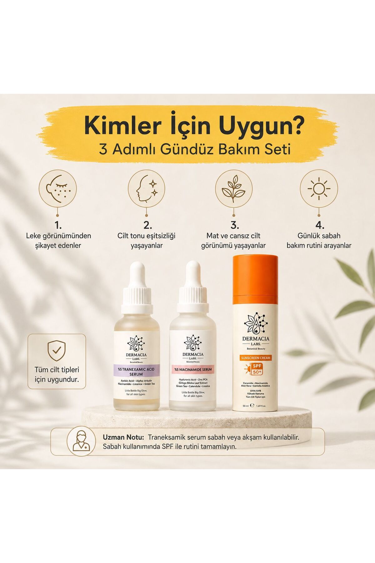 ست مراقبت روزانه ۳ مرحله‌ای ضد لک: ۵٪ ترانکسامیک اسید، ۵٪ نیاسینامید، ضد آفتاب SPF50 — DL-LEKSET3 — تصویر 3 از 7