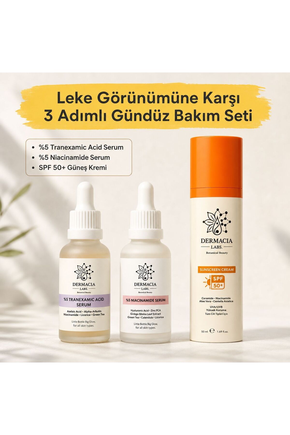 Dermacia Labs Bioceuticals Beauty ست مراقبت روزانه ۳ مرحلهای ضد لک: ۵٪ ترانکسامیک اسید، ۵٪ نیاسینامید، ضد آفتاب SPF50 — DL-LEKSET3