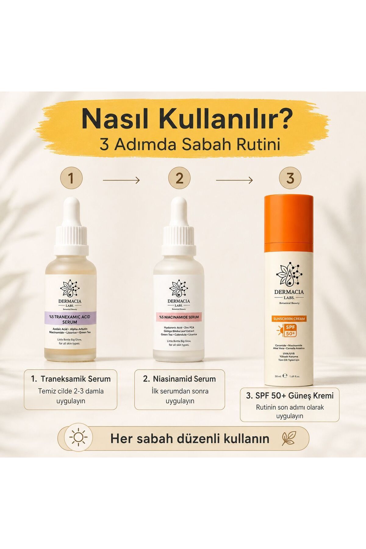 ست مراقبت روزانه ۳ مرحله‌ای ضد لک: ۵٪ ترانکسامیک اسید، ۵٪ نیاسینامید، ضد آفتاب SPF50 — DL-LEKSET3 — تصویر 2 از 7