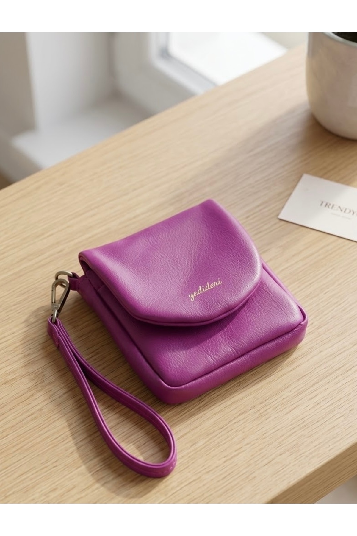 Virabio leather products Kadın Hakiki mor Deri Cüzdan - Bilek Askılı Mini Kartlık ve Rujluk görsel 3