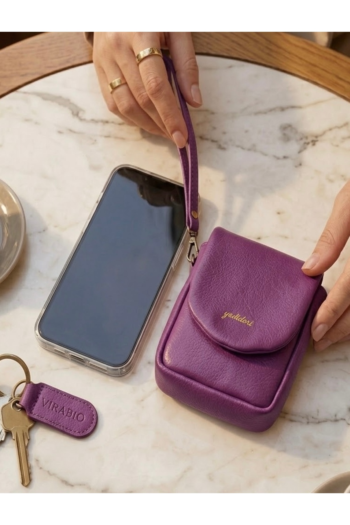 Virabio leather products Kadın Hakiki mor Deri Cüzdan - Bilek Askılı Mini Kartlık ve Rujluk görsel 4