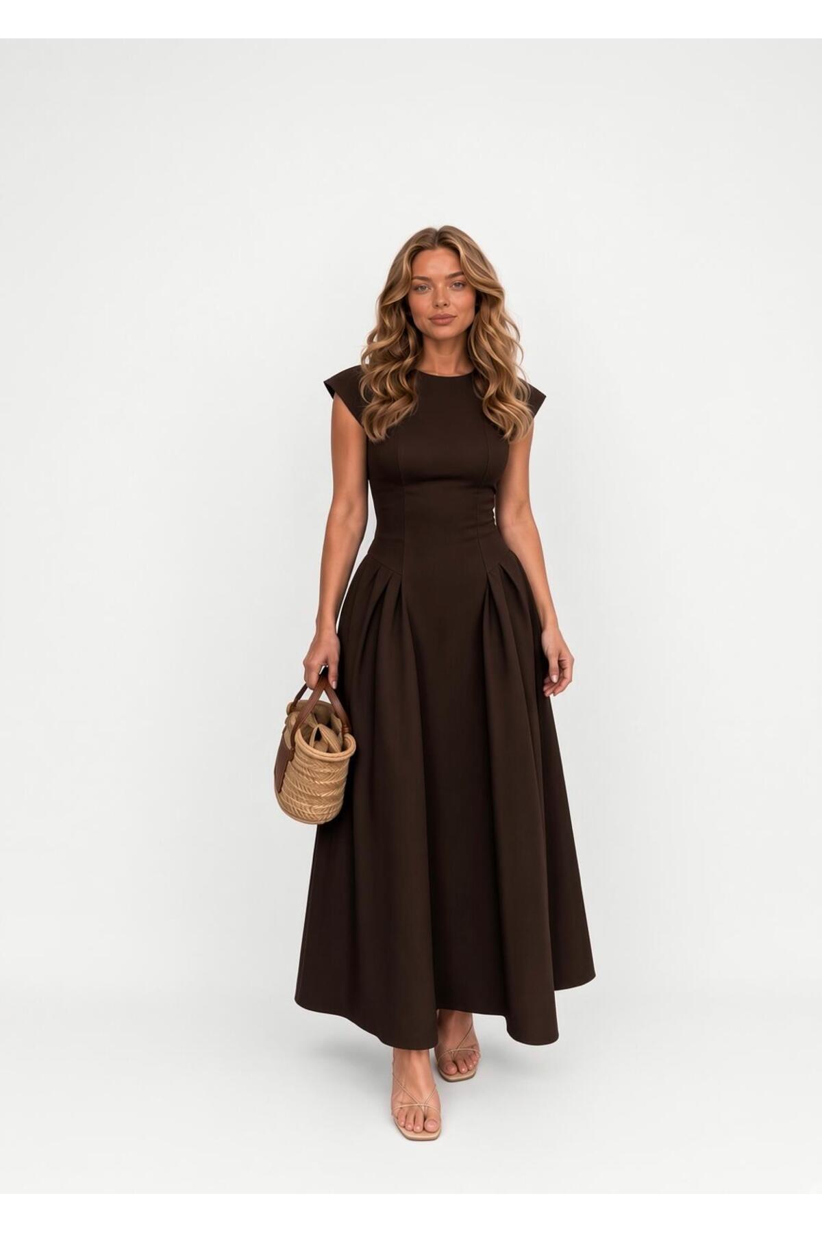Raunk Vintage Elegance Kahverengi Belden Oturtmalı Poplin Kumaş Maxi Elbise görsel 2