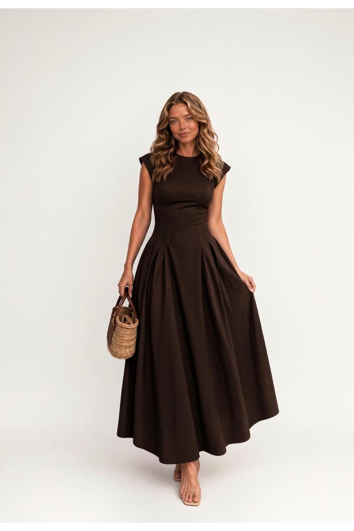 Raunk Vintage Elegance Kahverengi Belden Oturtmalı Poplin Kumaş Maxi Elbise