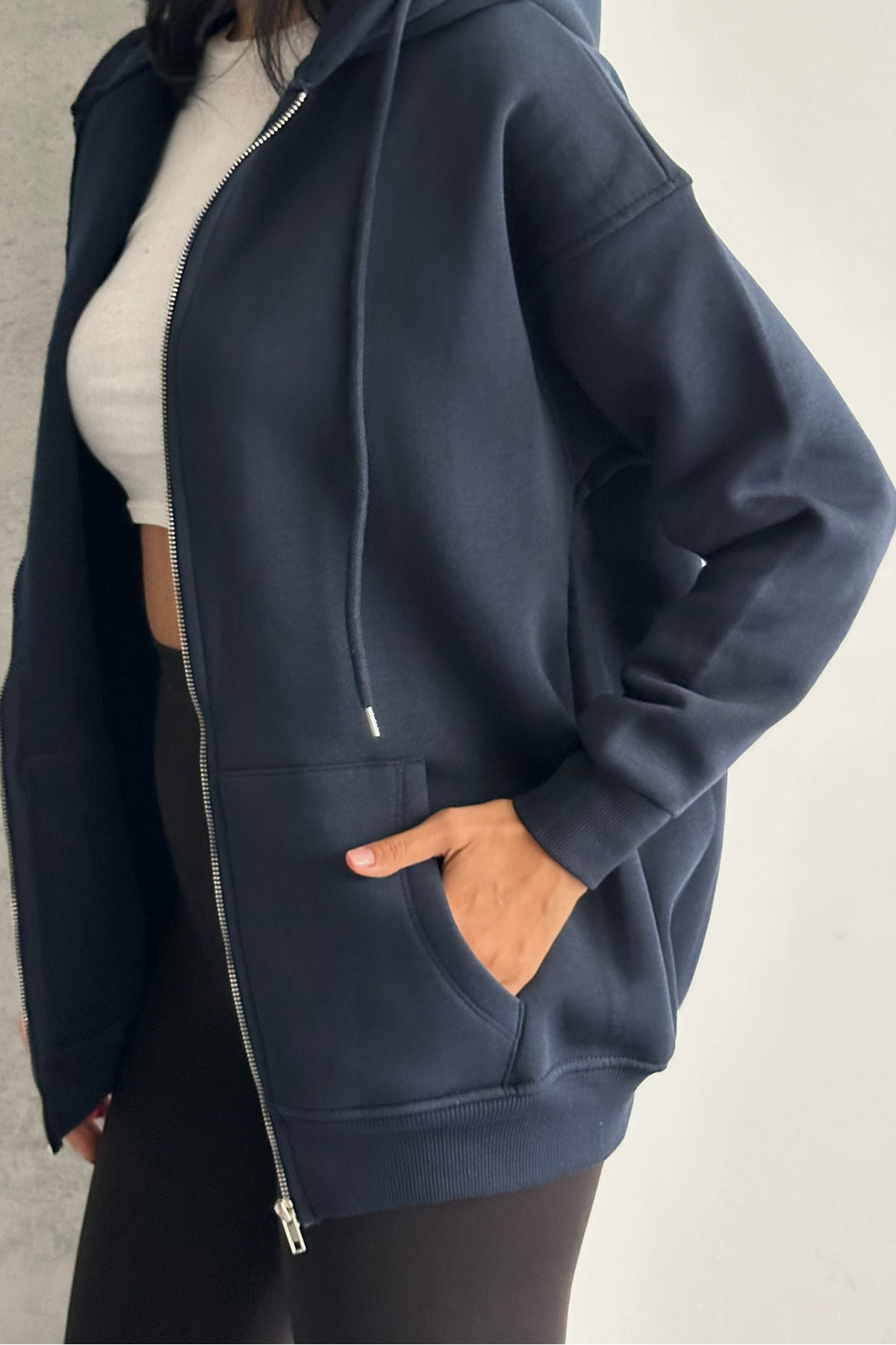 macharel jeans Oversize Kalıp 3 Iplik Şardonlu Metal Fermuarlı Kapşonlu Sweatshirt görsel 6
