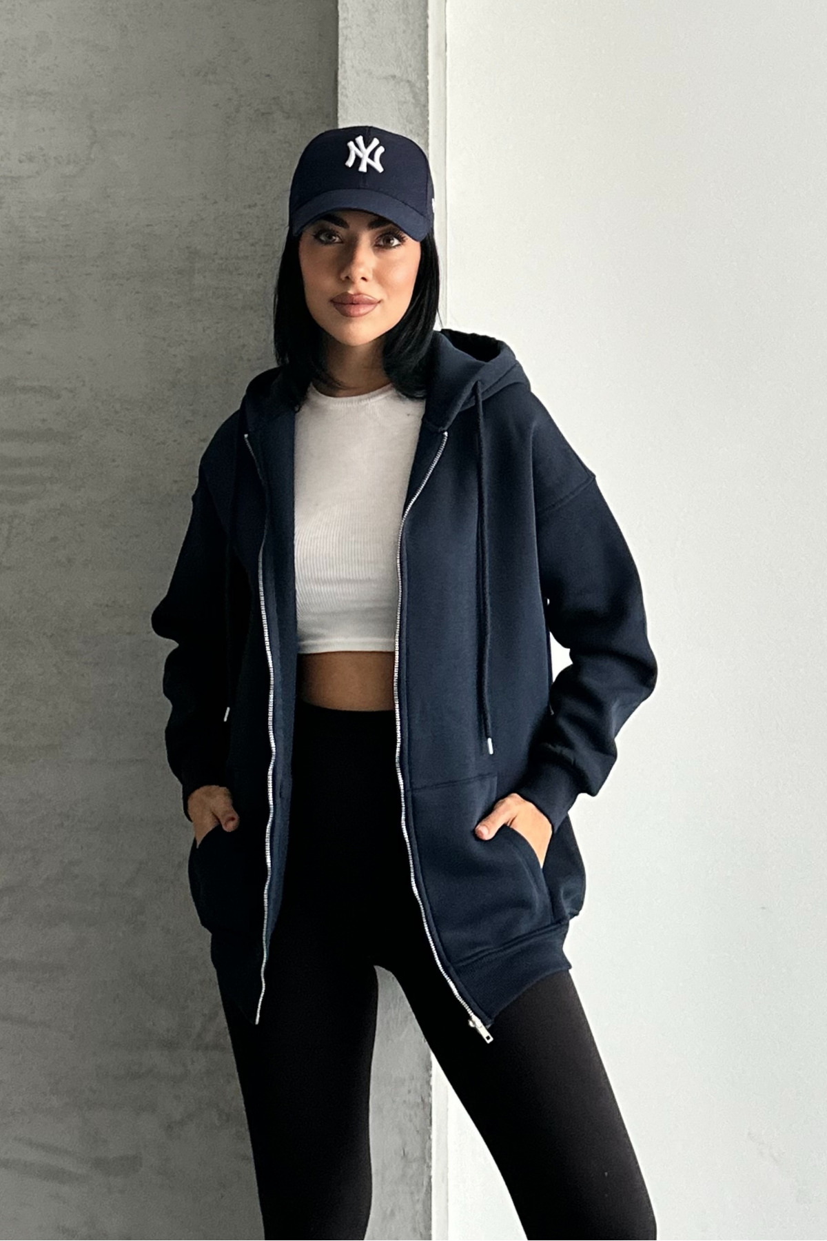 macharel jeans Oversize Kalıp 3 Iplik Şardonlu Metal Fermuarlı Kapşonlu Sweatshirt görsel 5