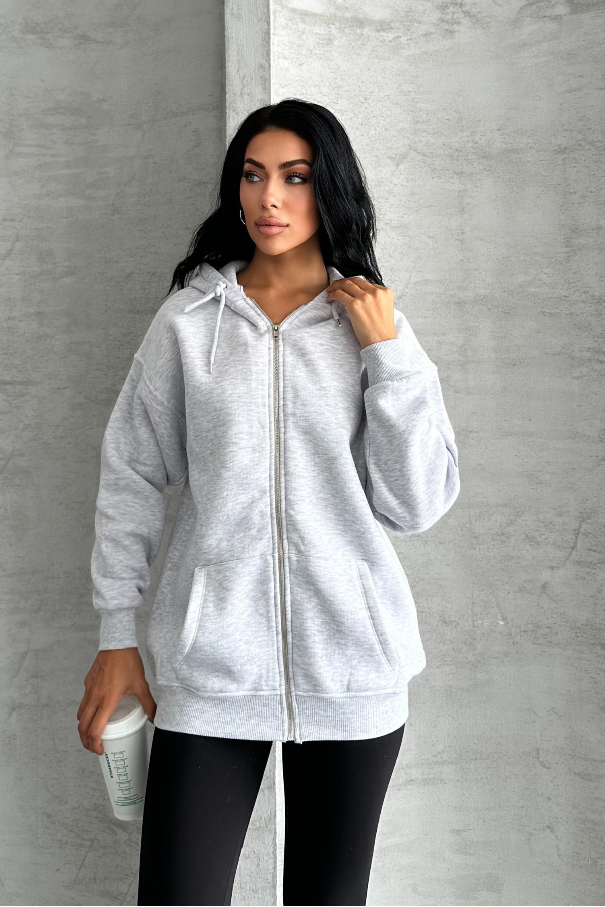 macharel jeans oversize kalıp 3 iplik şardonlu fermuarlı kapşonlu sweatshirt gri görsel 6