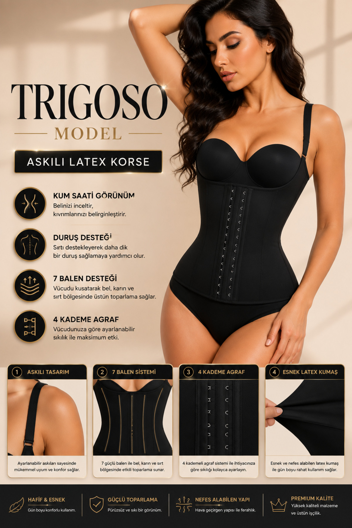 MİSTİRİK Trigoso Model 4 Aşamalı Sıkılaştırıcı Kum Saati Görünümü Veren Askılı Latex Korse Siyah Renk görsel 3