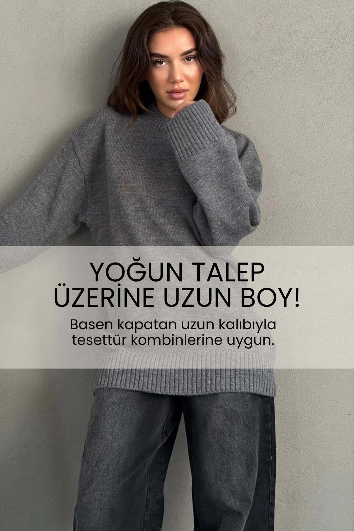 Madmext Antrasit Bisiklet Yaka Oversize Uzun Kadın Triko Kazak MG2890 görsel 2