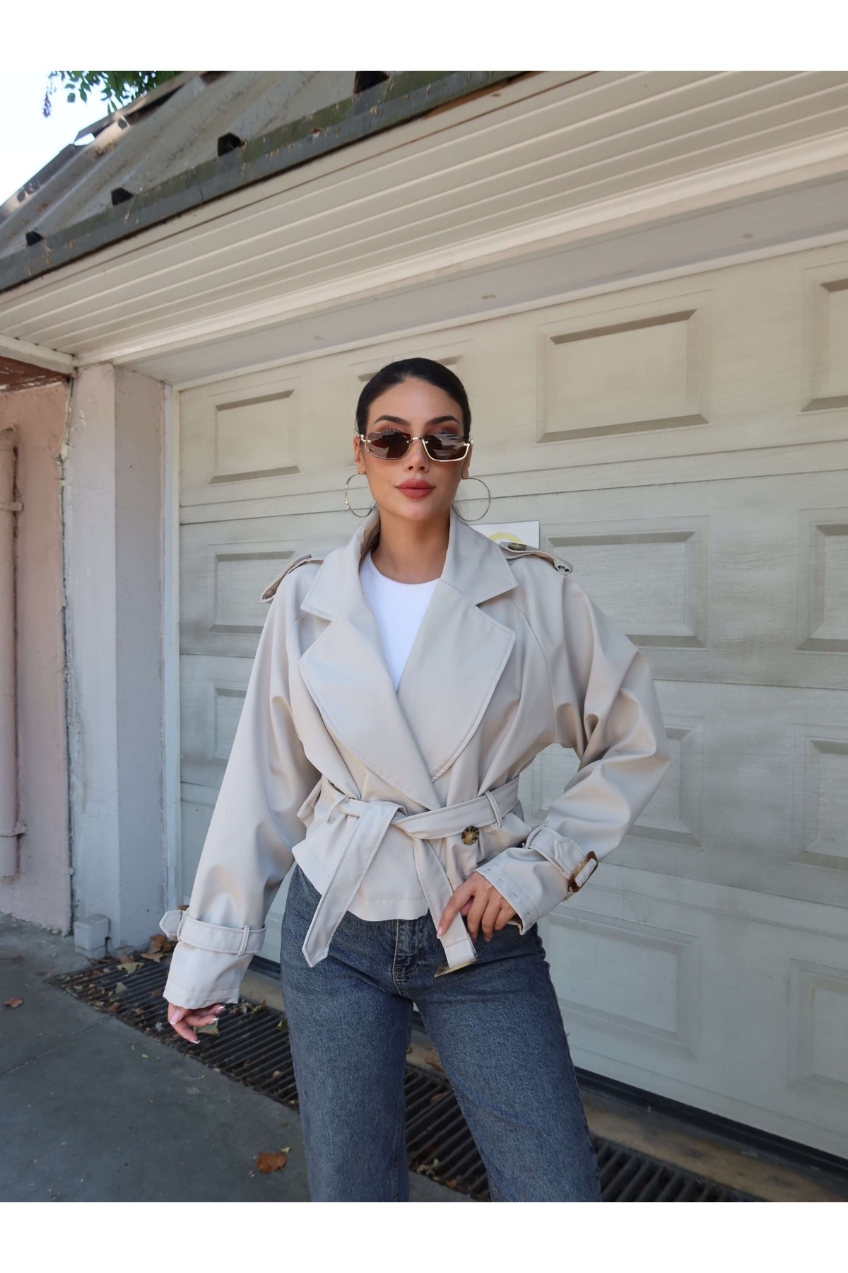 ESRAHELVACI Kruvaze Yaka Crop Trench görsel 6
