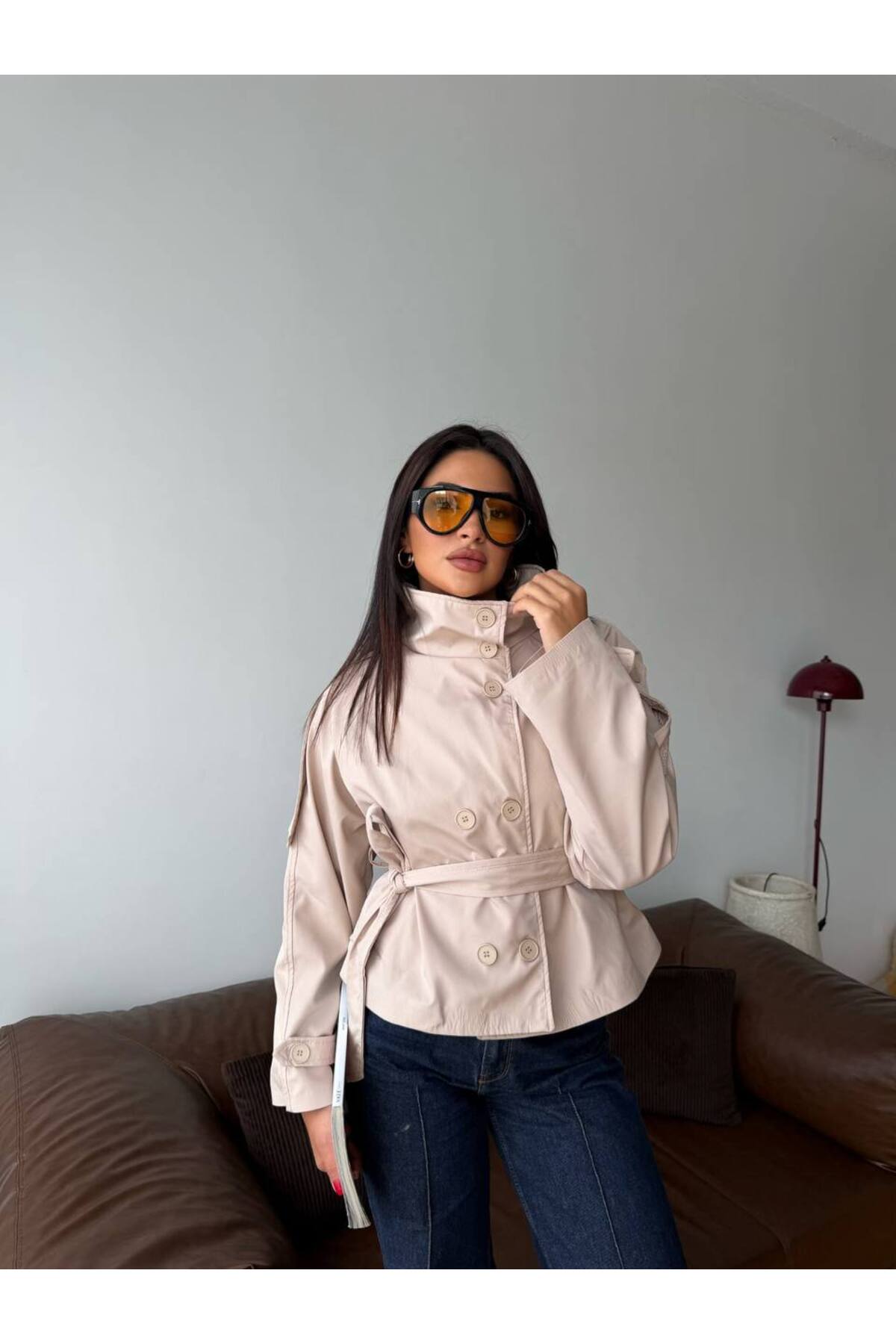 Reysamoda Kadın Bej Kruvaze Trençkot Ceket, Düğmeli Oversize Şık Günlük Model