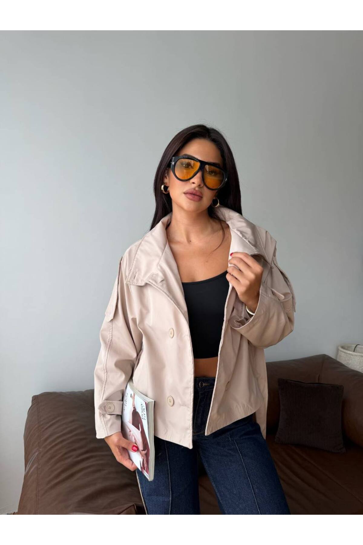 Reysamoda Kadın Bej Kruvaze Trençkot Ceket, Düğmeli Oversize Şık Günlük Model görsel 2