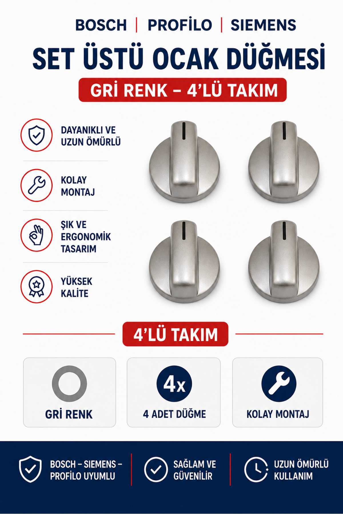 ÖZ BEYAZ EŞYA BOSCH - PROFİLO - SIEMENS OCAK ÇEVİRME DÜĞMESİ 4’LÜ SET (GRİ RENK)