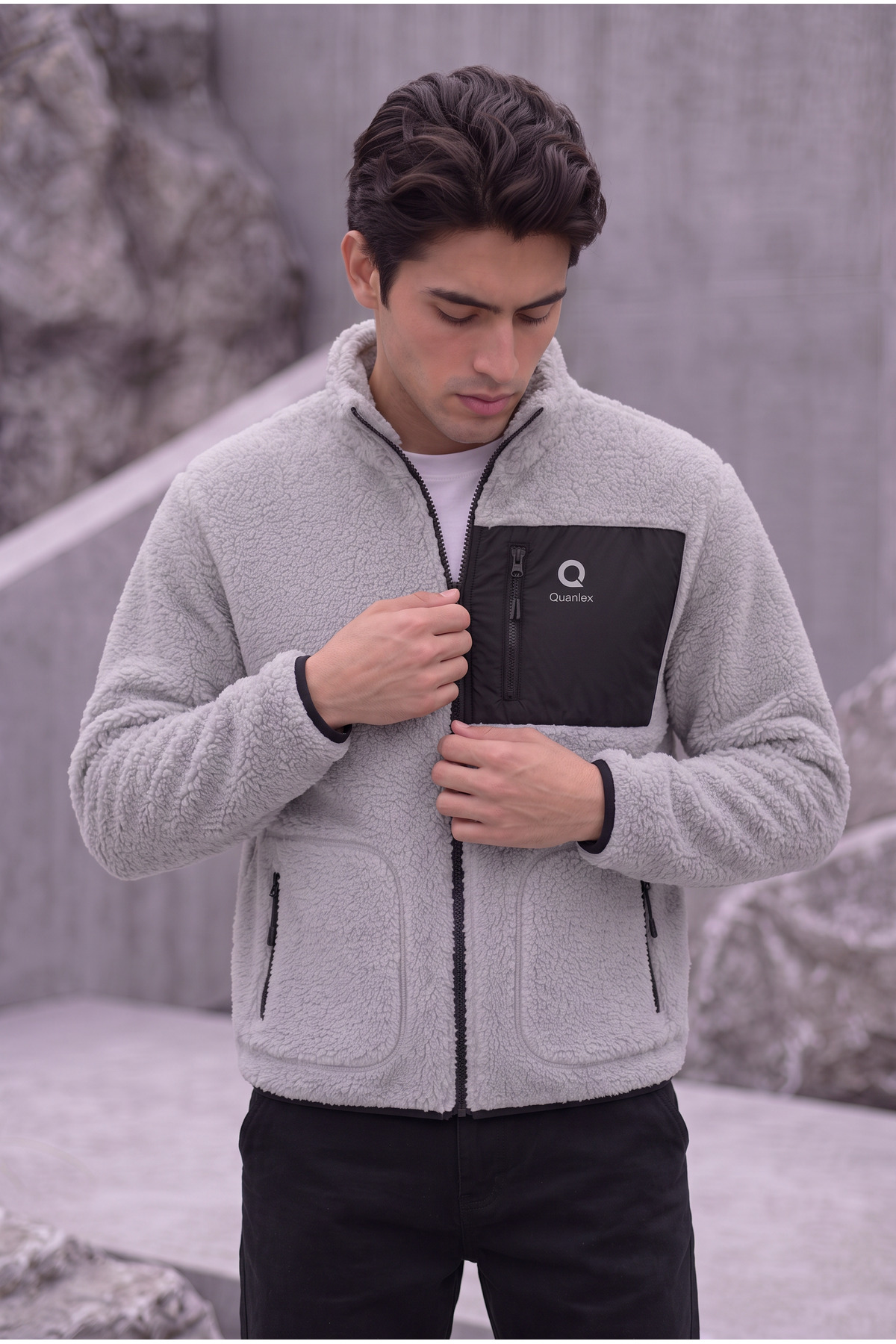 ASHEY Gri KUZU WELSOFT POLAR BOYDAN FERMUARLI SICAK TUTAN YÜNLÜ CEKET