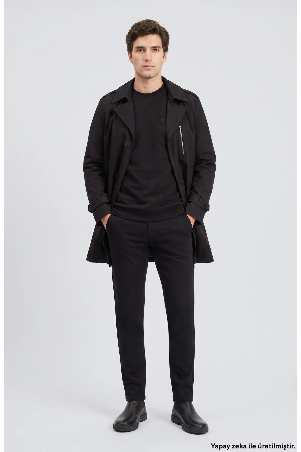 Network Slim Fit Siyah Mono Kapamalı Kuşaklı Pardösü