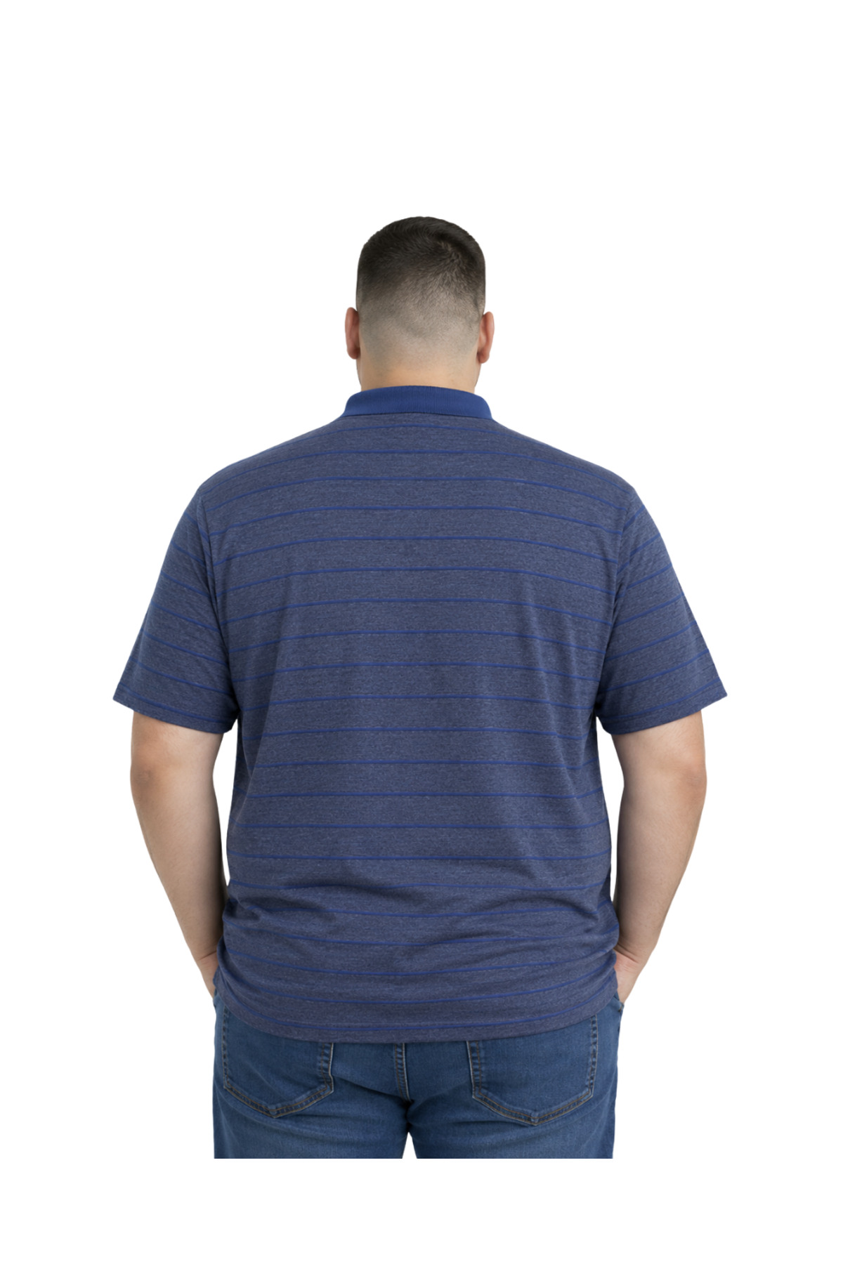 BattalModa Erkek Büyük Beden İndigo Polo Yaka Çizgili Cepli Kısa Kollu Tişört 3XL-4XL-5XL-6XL görsel 3