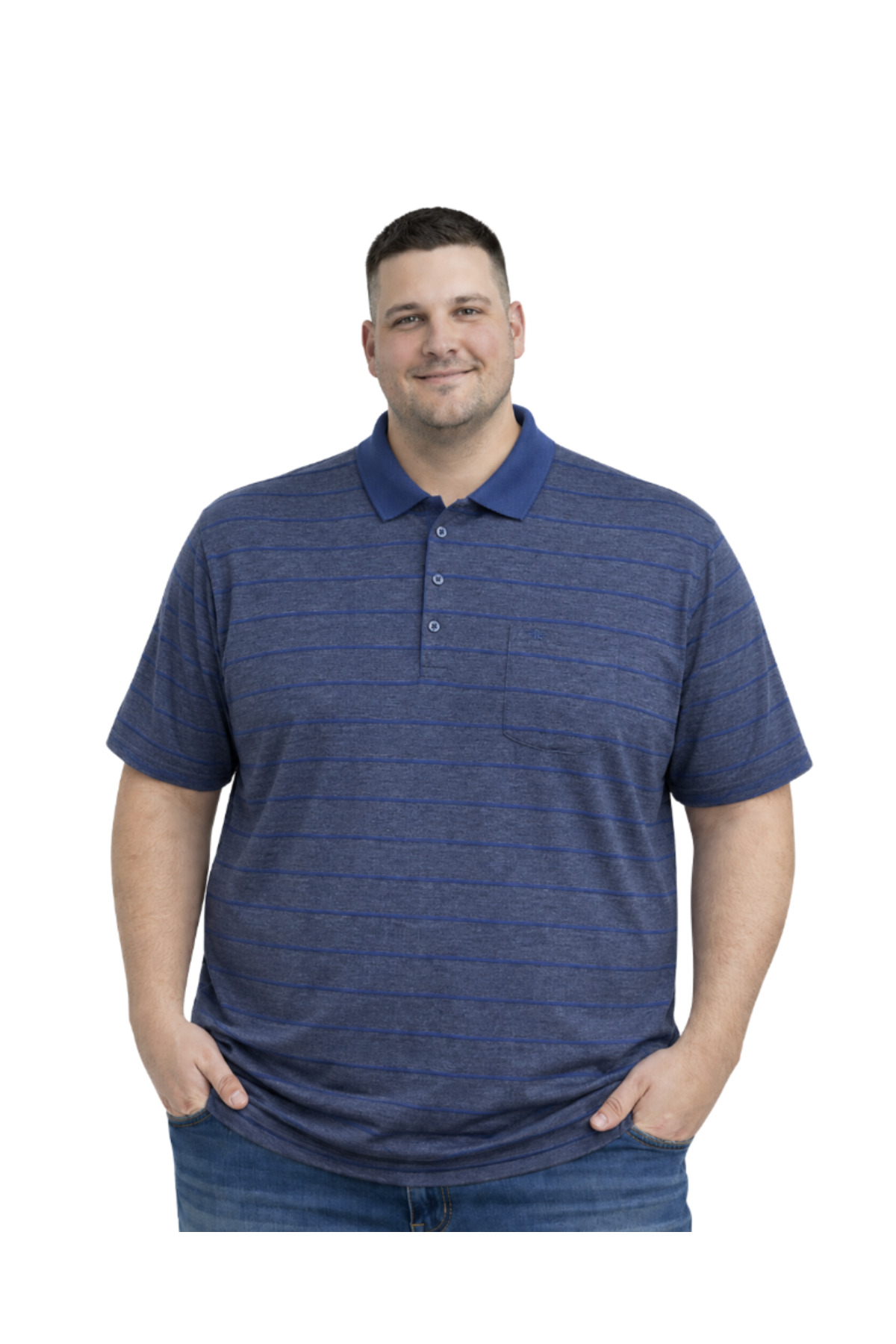 BattalModa Erkek Büyük Beden İndigo Polo Yaka Çizgili Cepli Kısa Kollu Tişört 3XL-4XL-5XL-6XL görsel 2
