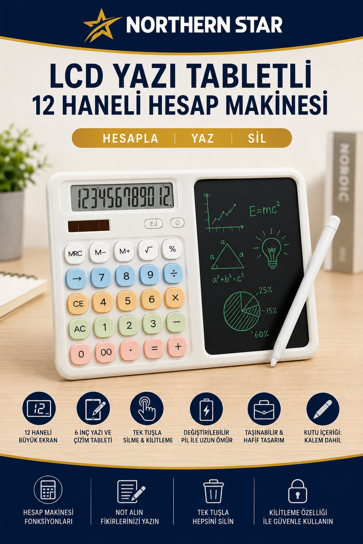 Northern Star Okul&Ofis İçin LCD Yazı Tabletli 12 Haneli Hesap Makinesi | 6 İnç Dijital Not Defteri ve Kalemi