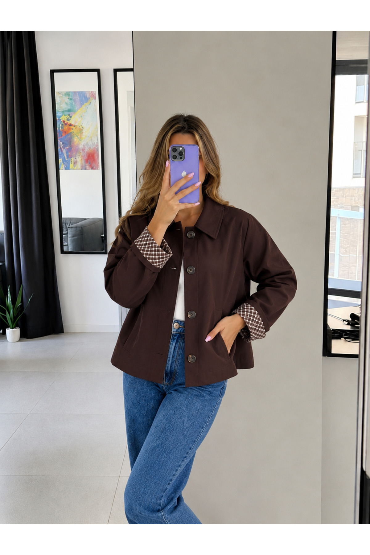 Ekim Store Astar Ekoseli Düğmeli Trenç Ceket görsel 5