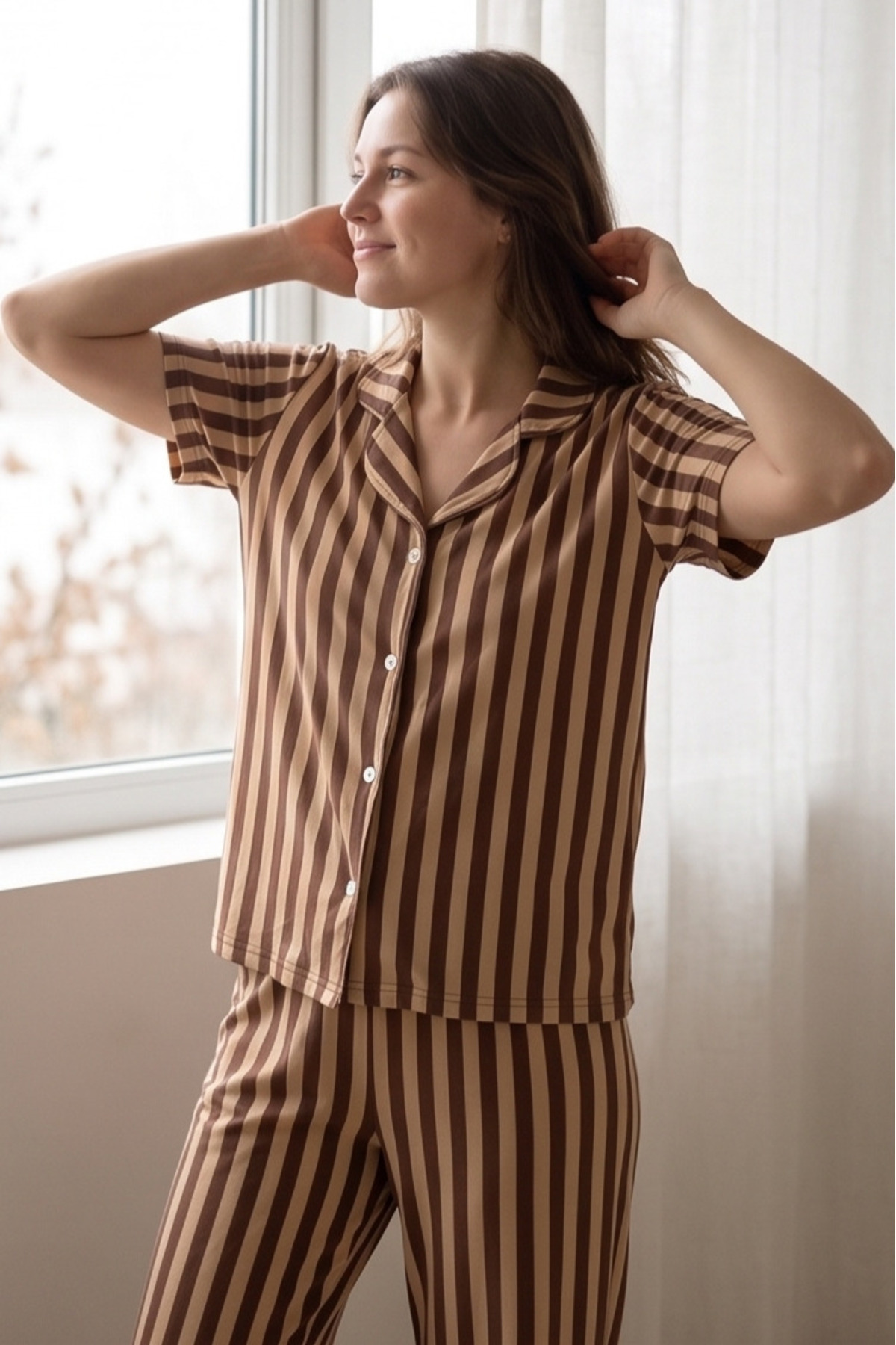 Mindy Kahverengi Şeritli Pijama Takımı, Çizgili Kısa Kollu Pijama Seti görsel 5
