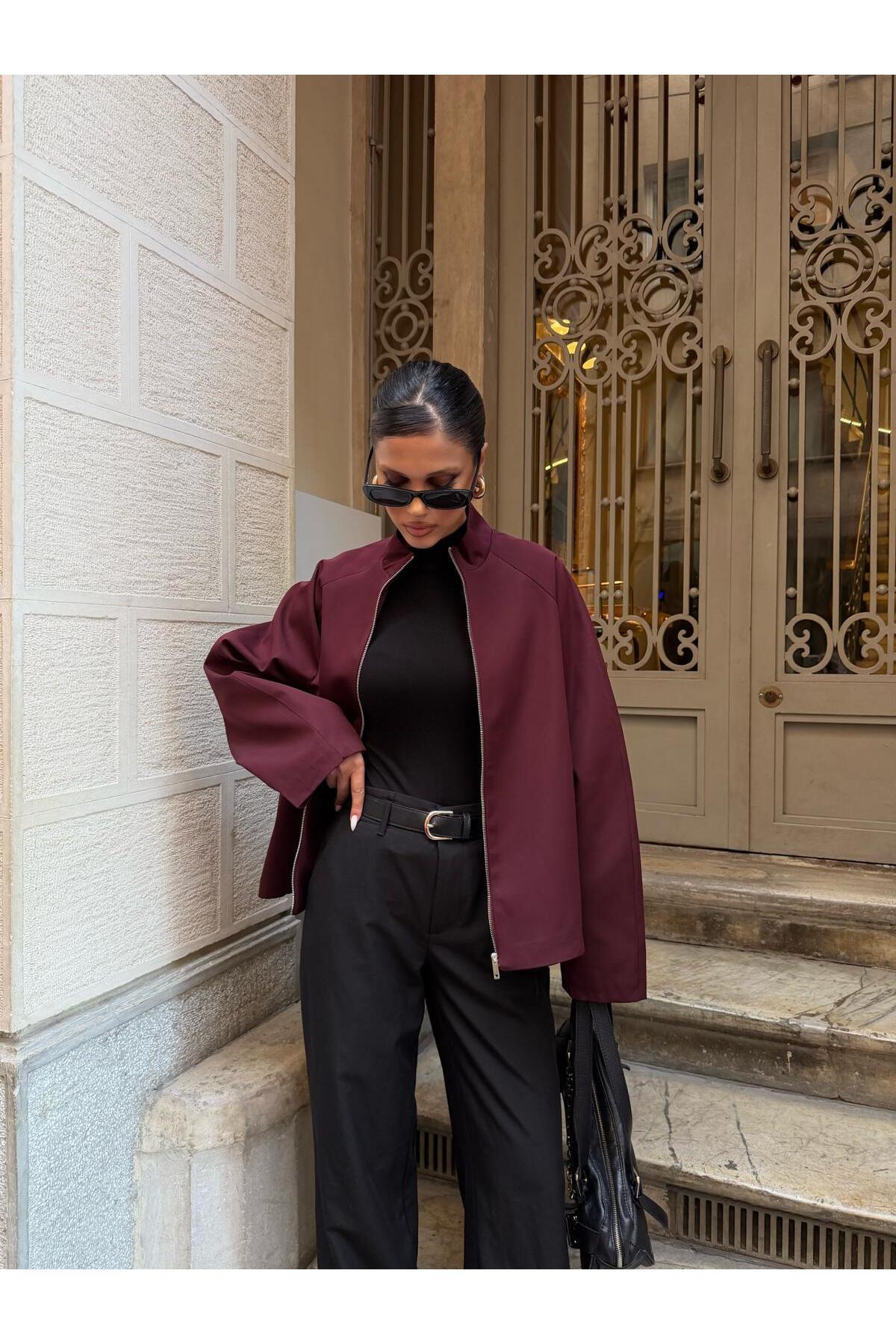 timagna Kadın Fermuarlı Dik Yakalı Kolları Dökümlü Oversize Basic Ceket Yeni Sezon görsel 4