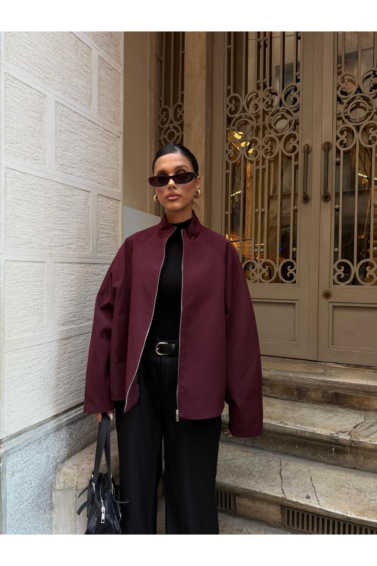 timagna Kadın Fermuarlı Dik Yakalı Kolları Dökümlü Oversize Basic Ceket Yeni Sezon görsel 3