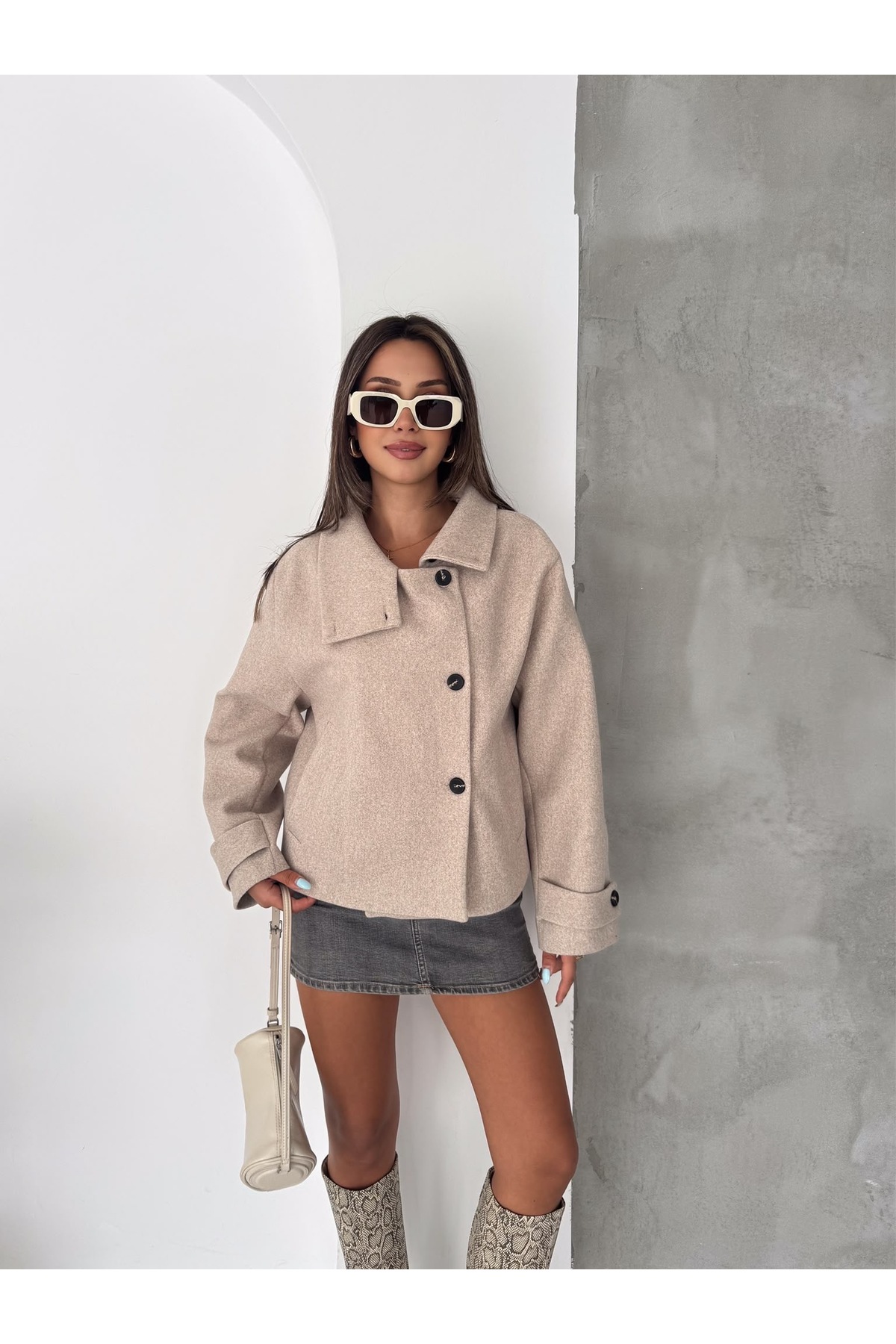 Ekim Store Dik Yakalı Düğmeli Kaşe Ceket görsel 4