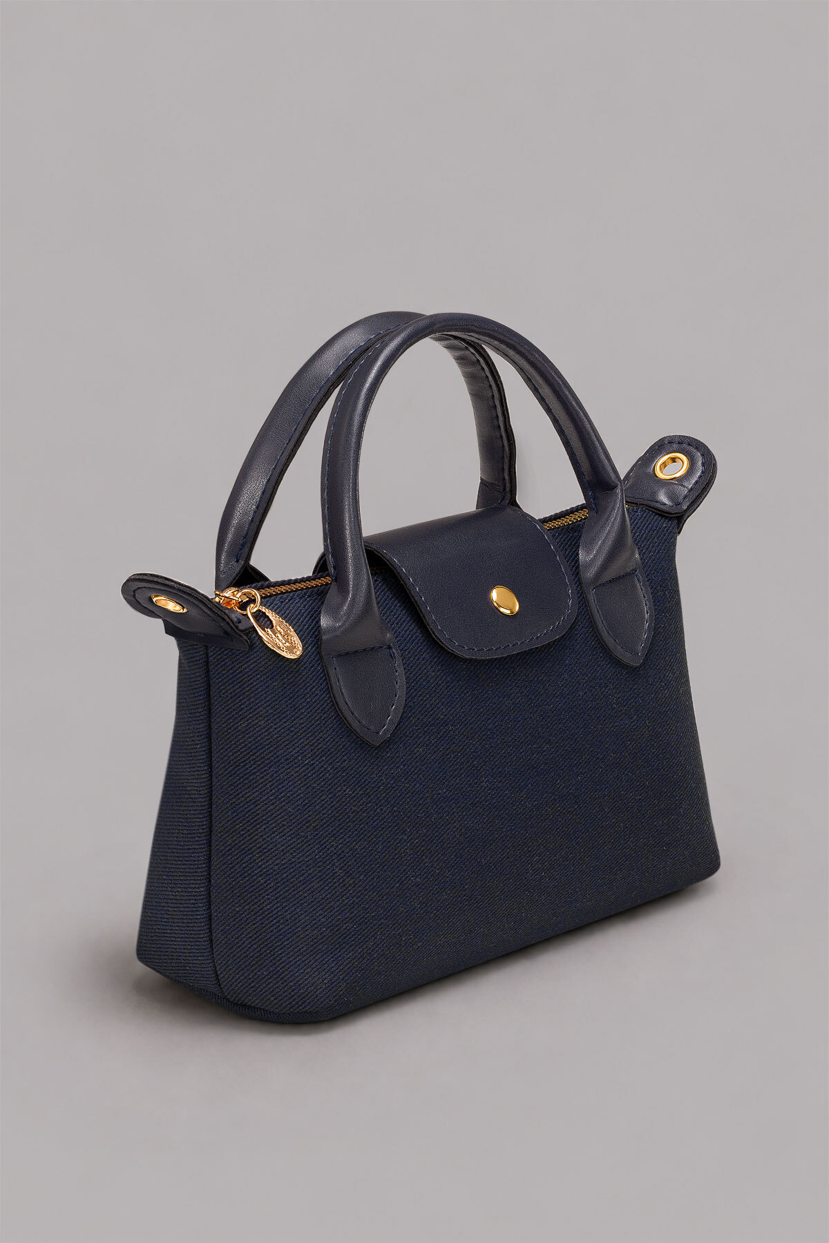 Housebags Midnight Navy, Gece Laciverti Dokulu Kanvas Kadın El ve Omuz Çantası, Gold Metal Detaylı, Fermuarlı Mini Çanta