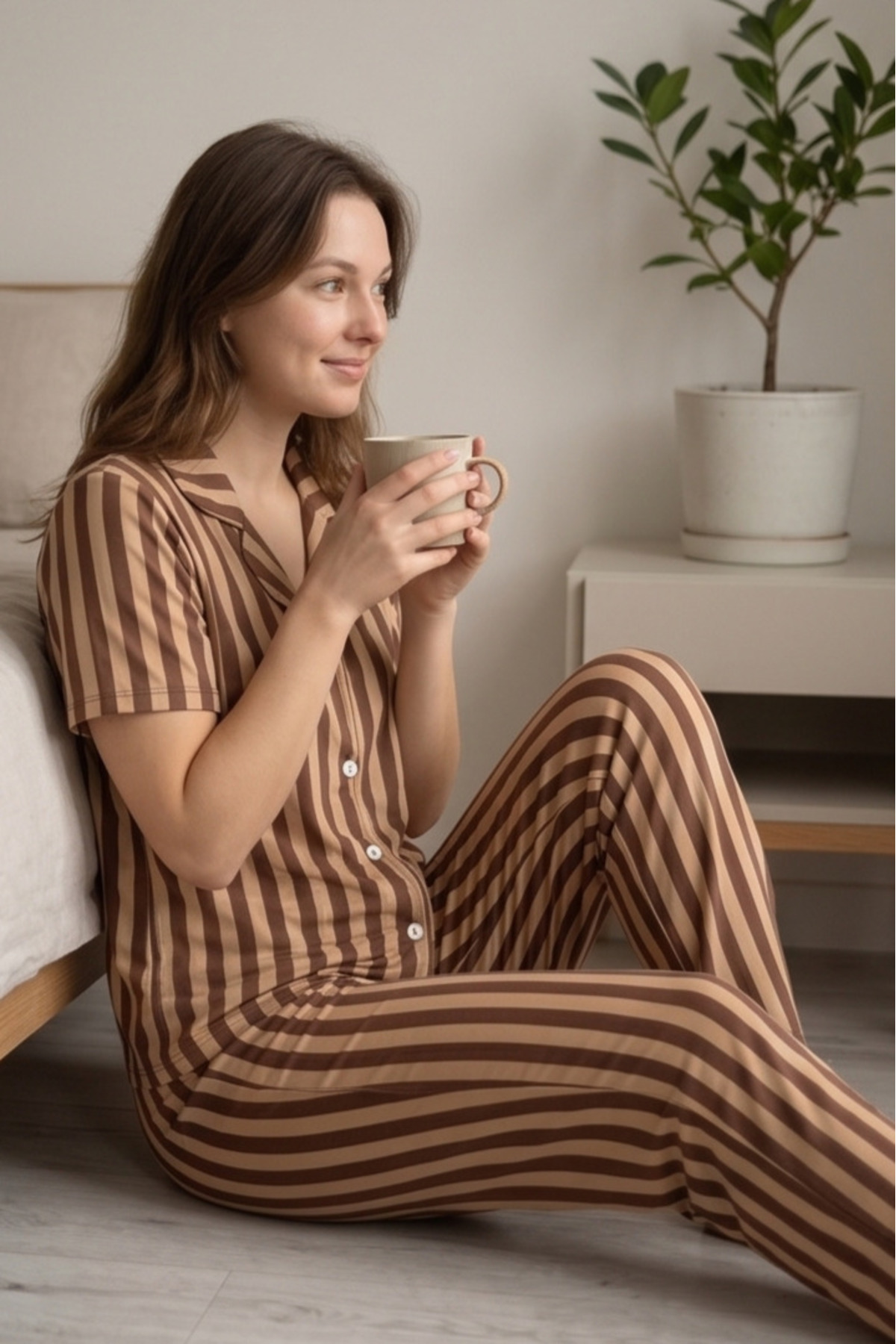 Mindy Kahverengi Şeritli Pijama Takımı, Çizgili Kısa Kollu Pijama Seti görsel 4