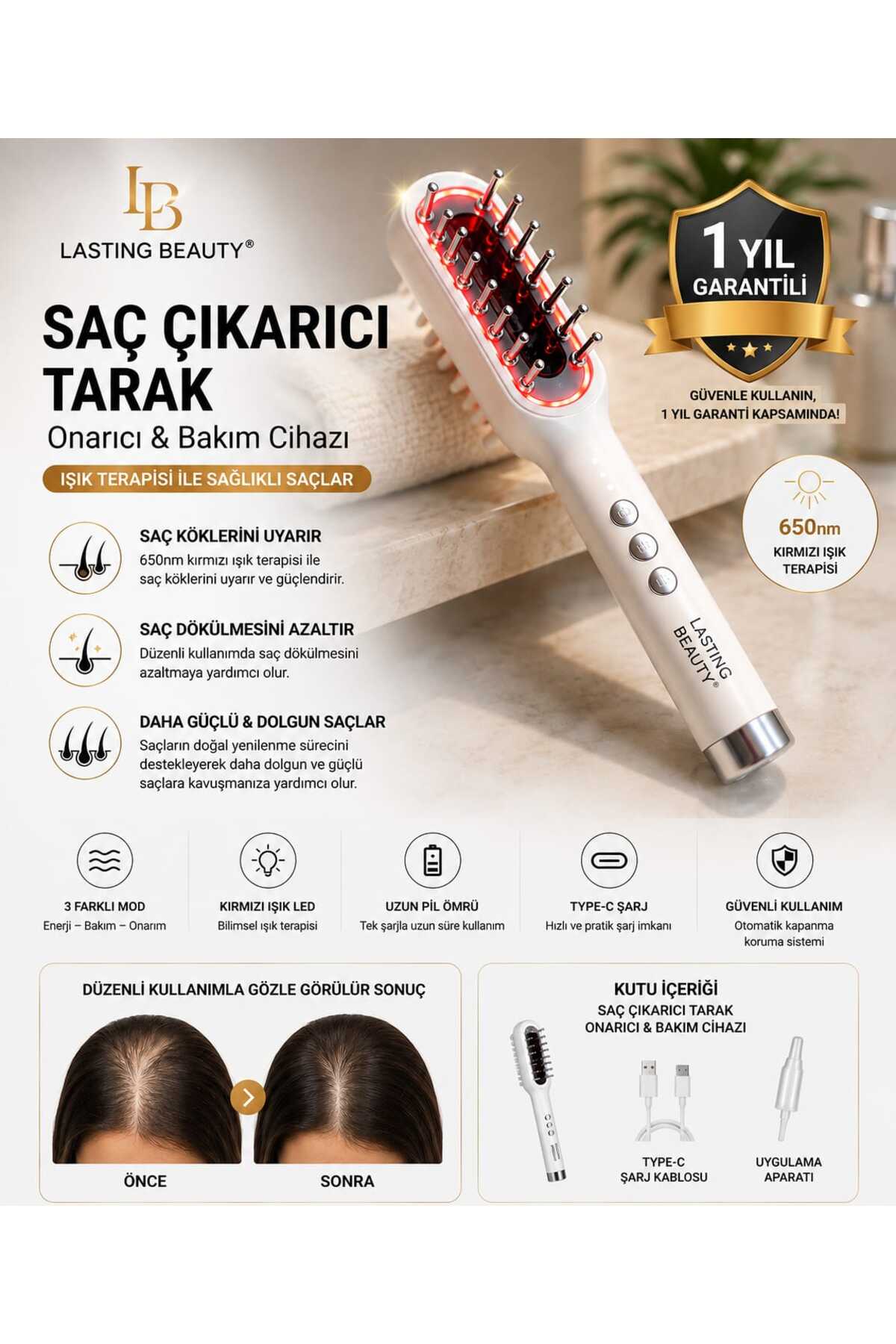 lasting beauty Elektronik Saç Güçlendirme Cihazı Rf Led Ems Saç Çıkartma Dolgunlaştırma Onarma Bakım Aleti Saç Bakım Tarağı Kırmızı Işık Destekli Saç Derisi Masaj ve Bakım Cihazı Şarjlı — tarak