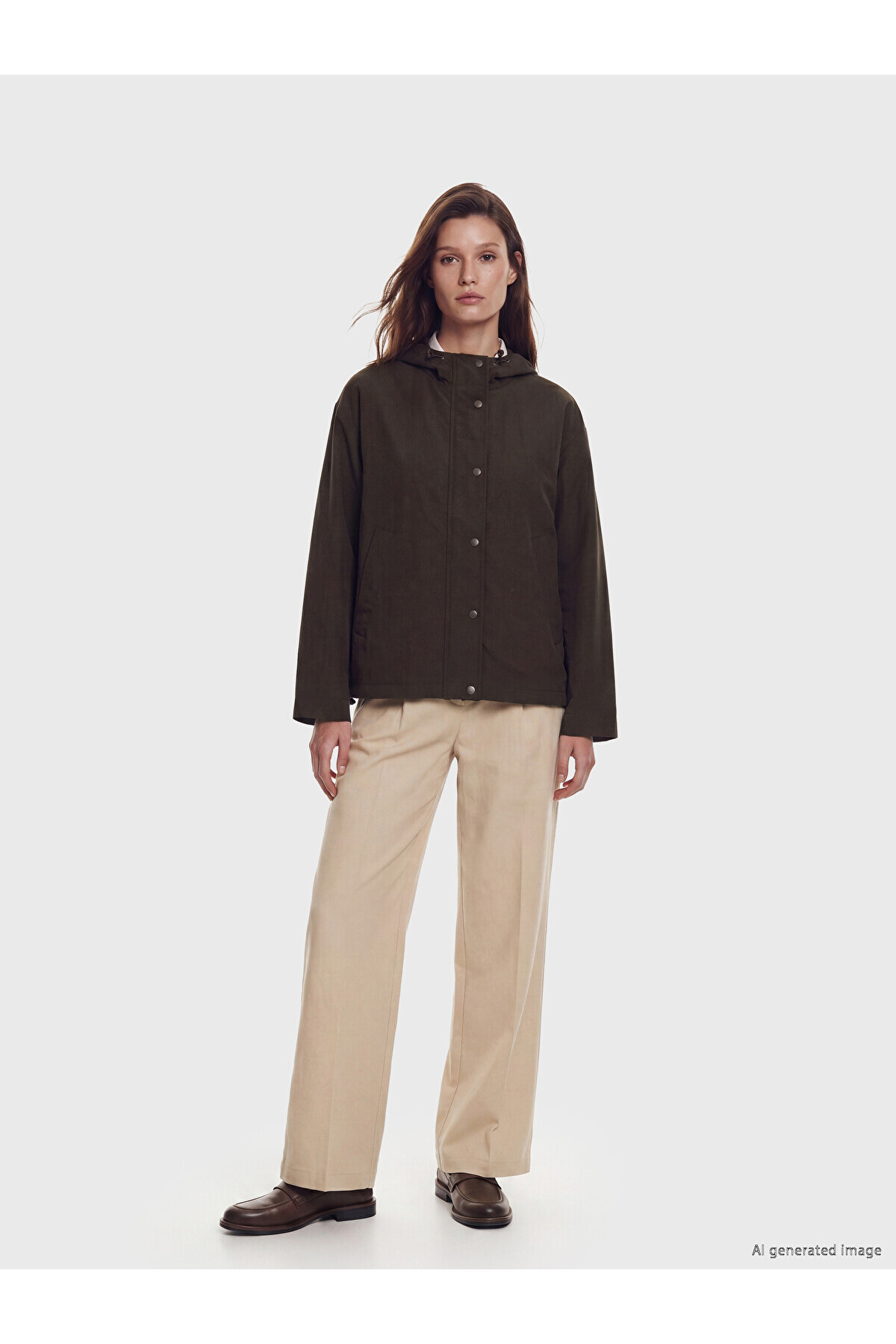 LC Waikiki LCW Modest Kahverengi Kapüşonlu Oversize Kadın Yağmurluk görsel 2