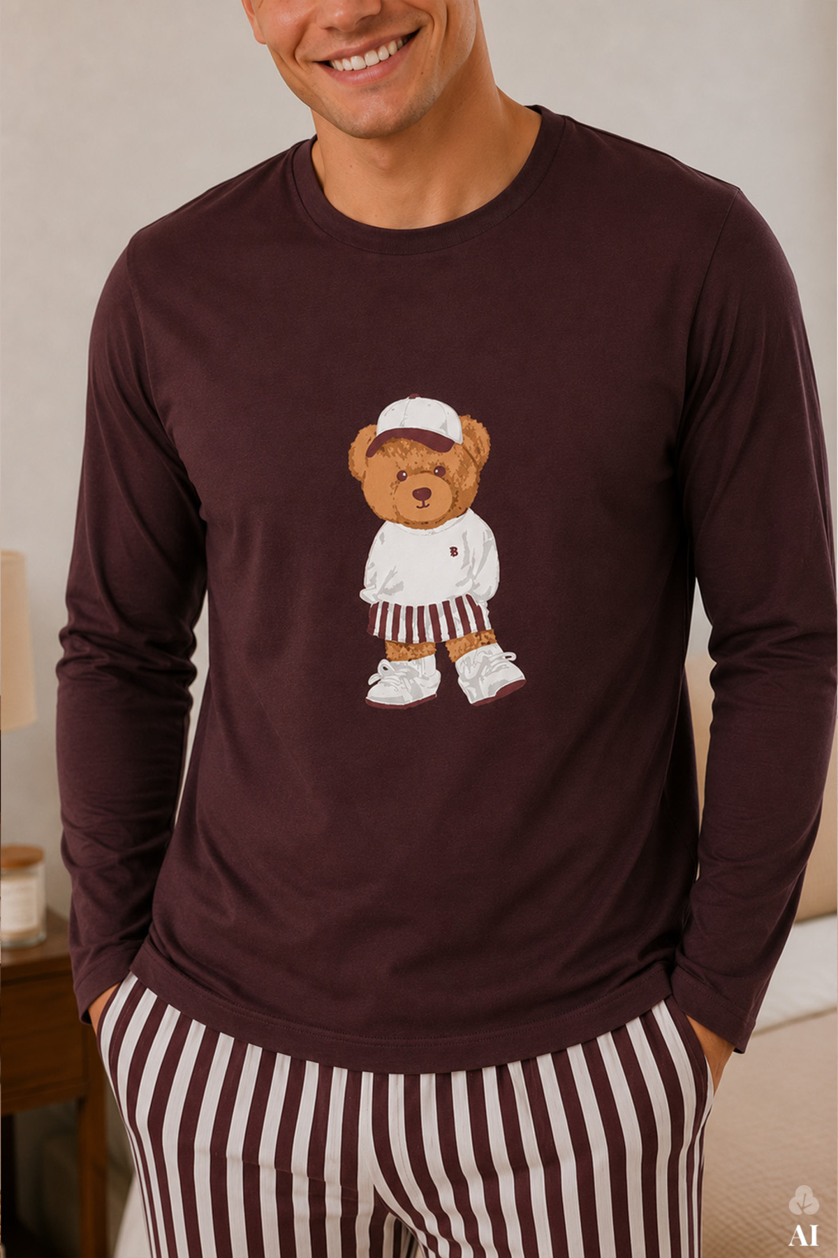 koza iç giyim Erkek Pamuklu Uzun Kollu Ayıcık Baskılı Alt Çizgili Pijama Takımı görsel 4