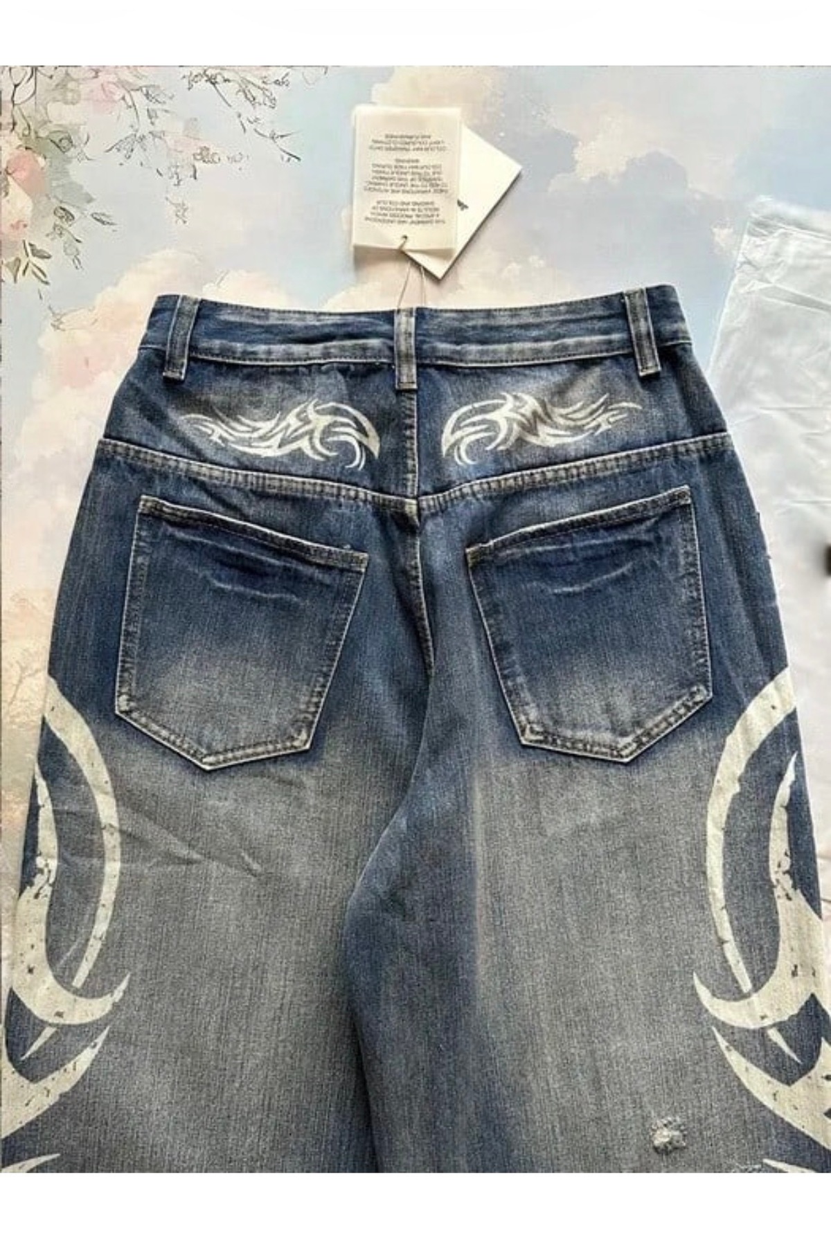 Köstebek Taşlamalı Denim Kumaş Beyaz Tribal Baskılı Harajuku Unisex Baggy Pantolon görsel 4