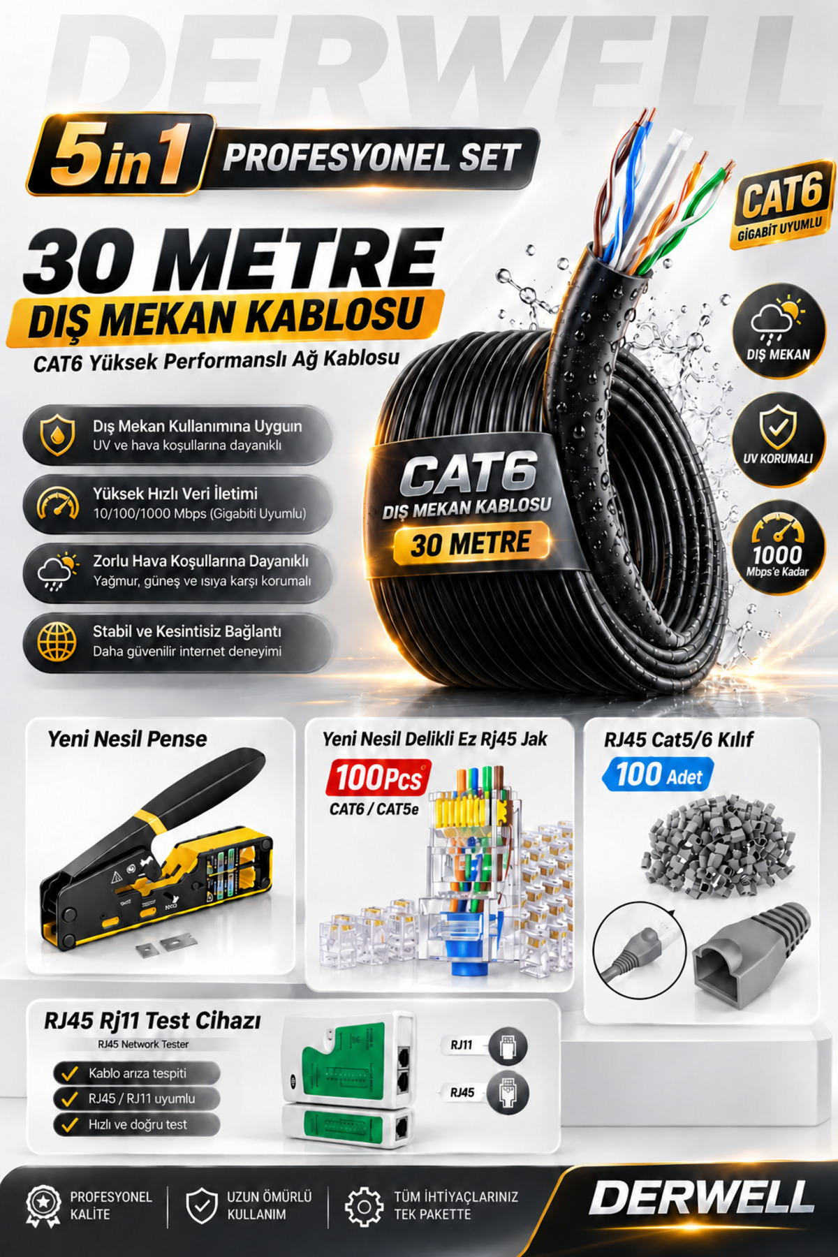 5in1 Profesyonel Set; 30 metre dış mekan uyumlu CAT6 internet kablosu, yeni nesil RJ45/RJ11 sıkma pensesi, 100 adet delikli ez konnektör, 100 adet kılıf ve test cihazı içeren tam ağ kurulum paketidir.