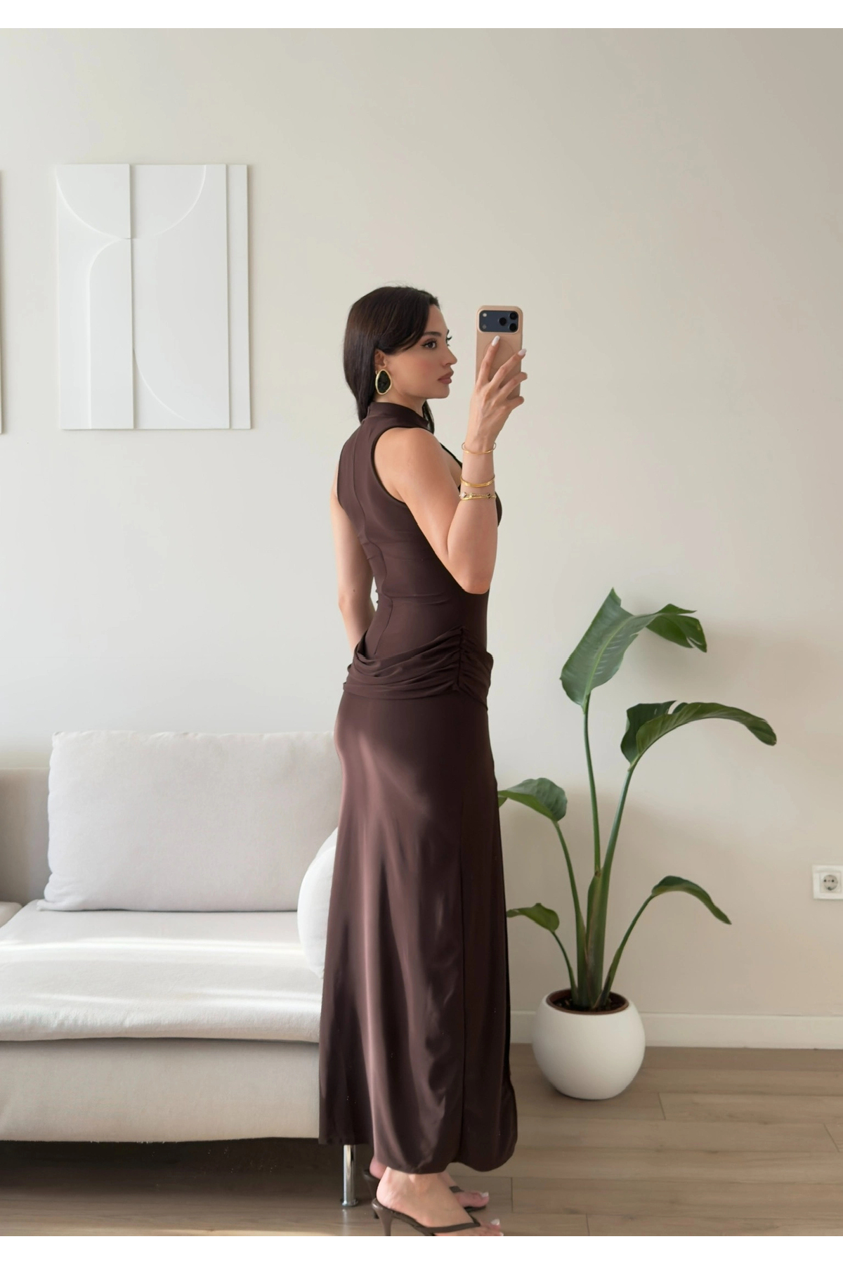 Zoom Butik Bel Drape Halter Yırtmaçlı Elbise - KAHVE görsel 4