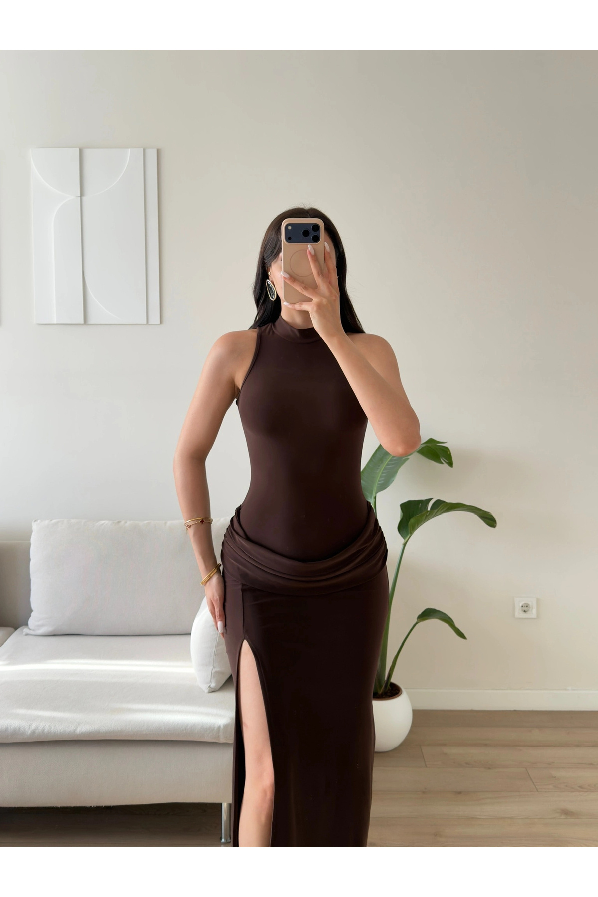 Zoom Butik Bel Drape Halter Yırtmaçlı Elbise - KAHVE görsel 2