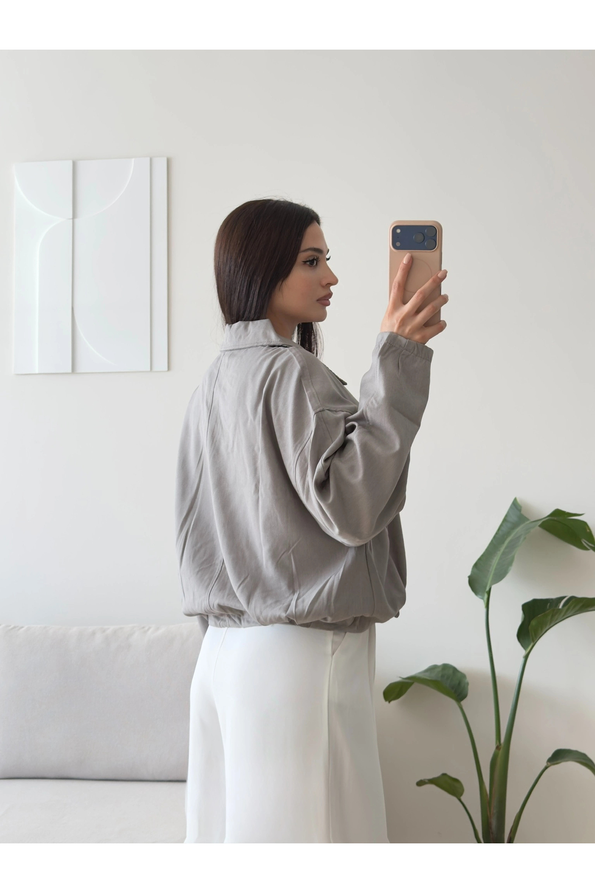 Zoom Butik Kemerli Süet Bomber Ceket - GRİ görsel 2