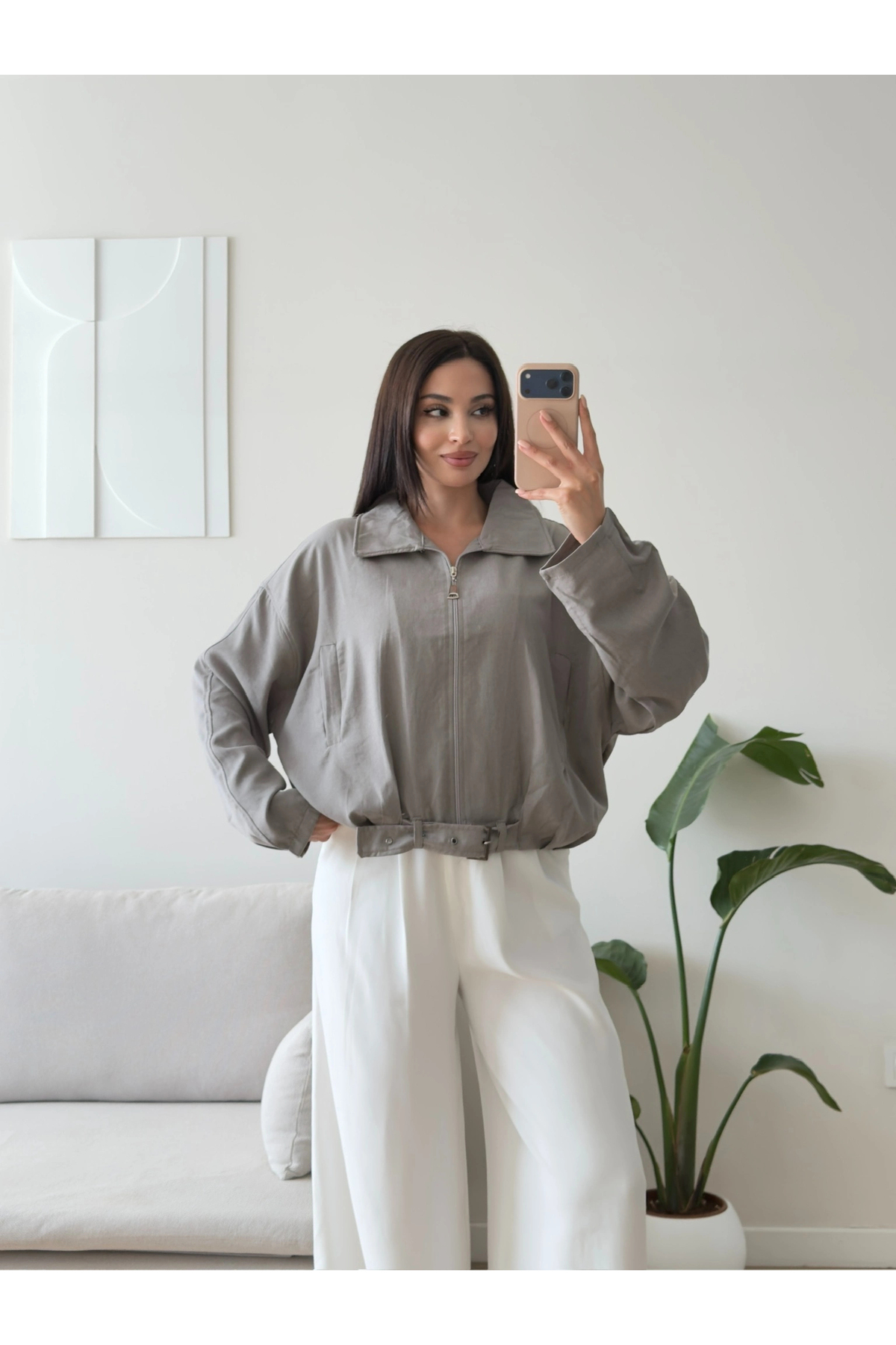 Zoom Butik Kemerli Süet Bomber Ceket - GRİ