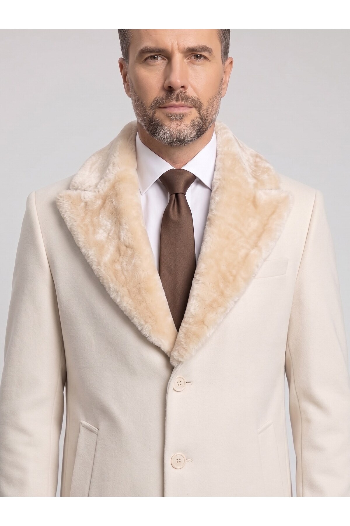 Erkek Uzun Kaşe Kaban – Çıkartılabilir Kürk Yaka, Astarlı ve Cepli Slim Fit Mont — کرم PRA-13283702-768191 — تصویر 2 از 5