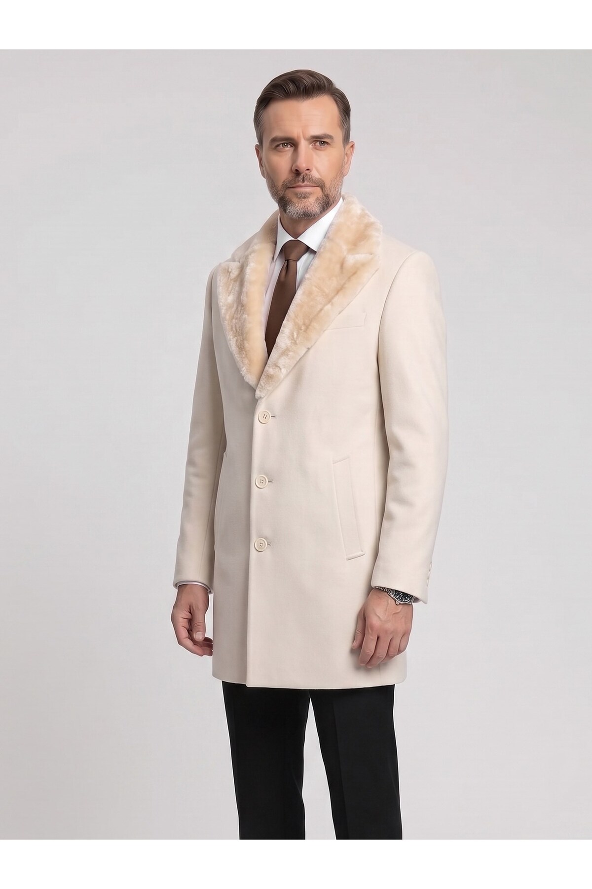 Erkek Uzun Kaşe Kaban – Çıkartılabilir Kürk Yaka, Astarlı ve Cepli Slim Fit Mont — کرم PRA-13283702-768191 — تصویر 4 از 5