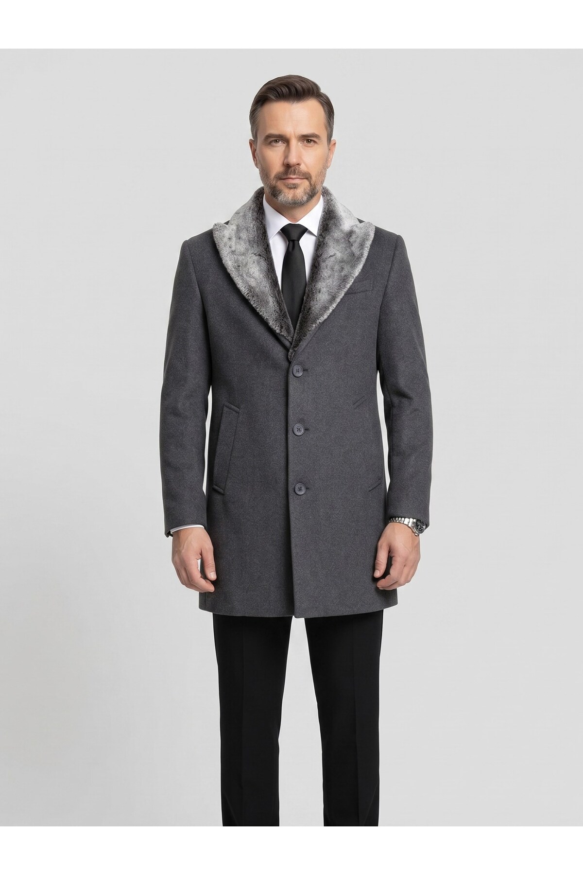 Plus Scorpion Erkek Uzun Kaşe Kaban, Çıkartılabilir Kürk Yaka, Astarlı ve Cepli Slim Fit Mont