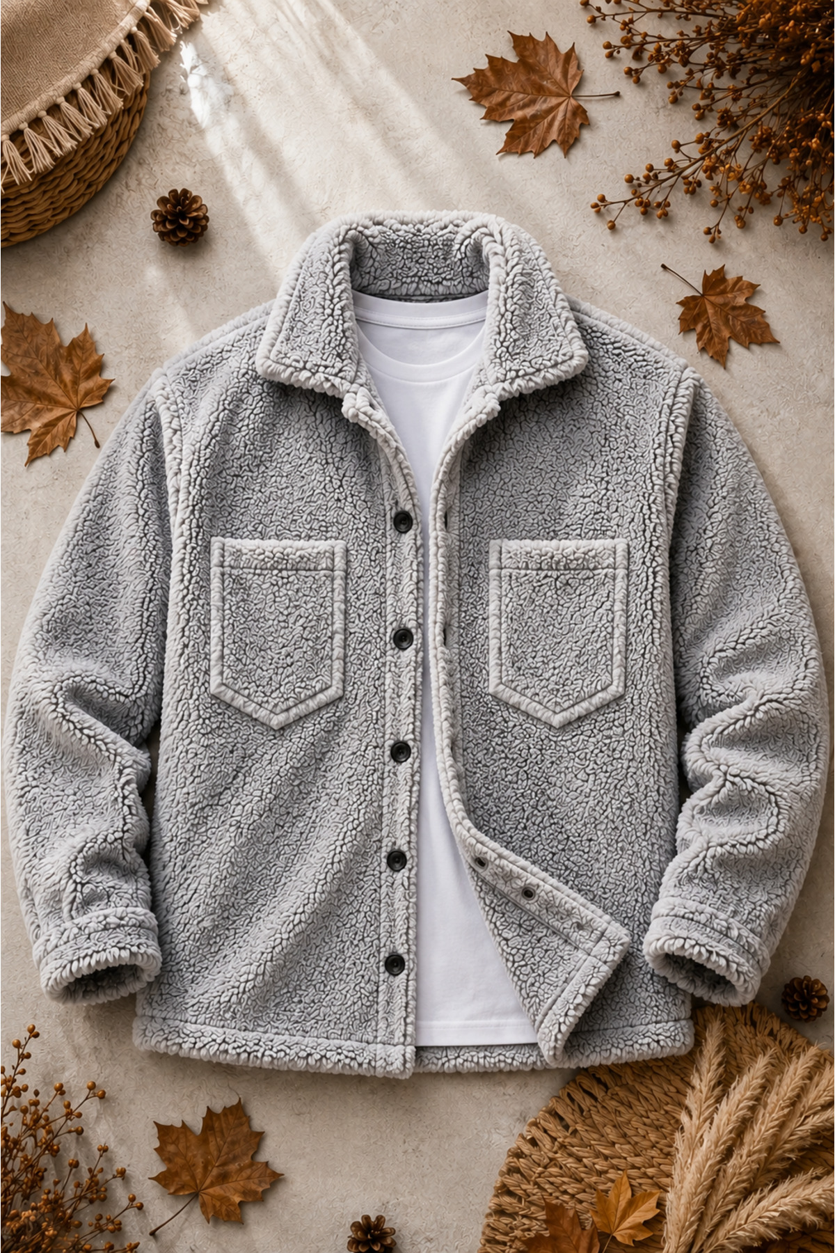 legends butik 2 Adet Unisex Peluş Ceket Seti Kışlık Kalın Dokulu Düğmeli Çift Cepli Oversize Gömlek Ceket Hırka görsel 3