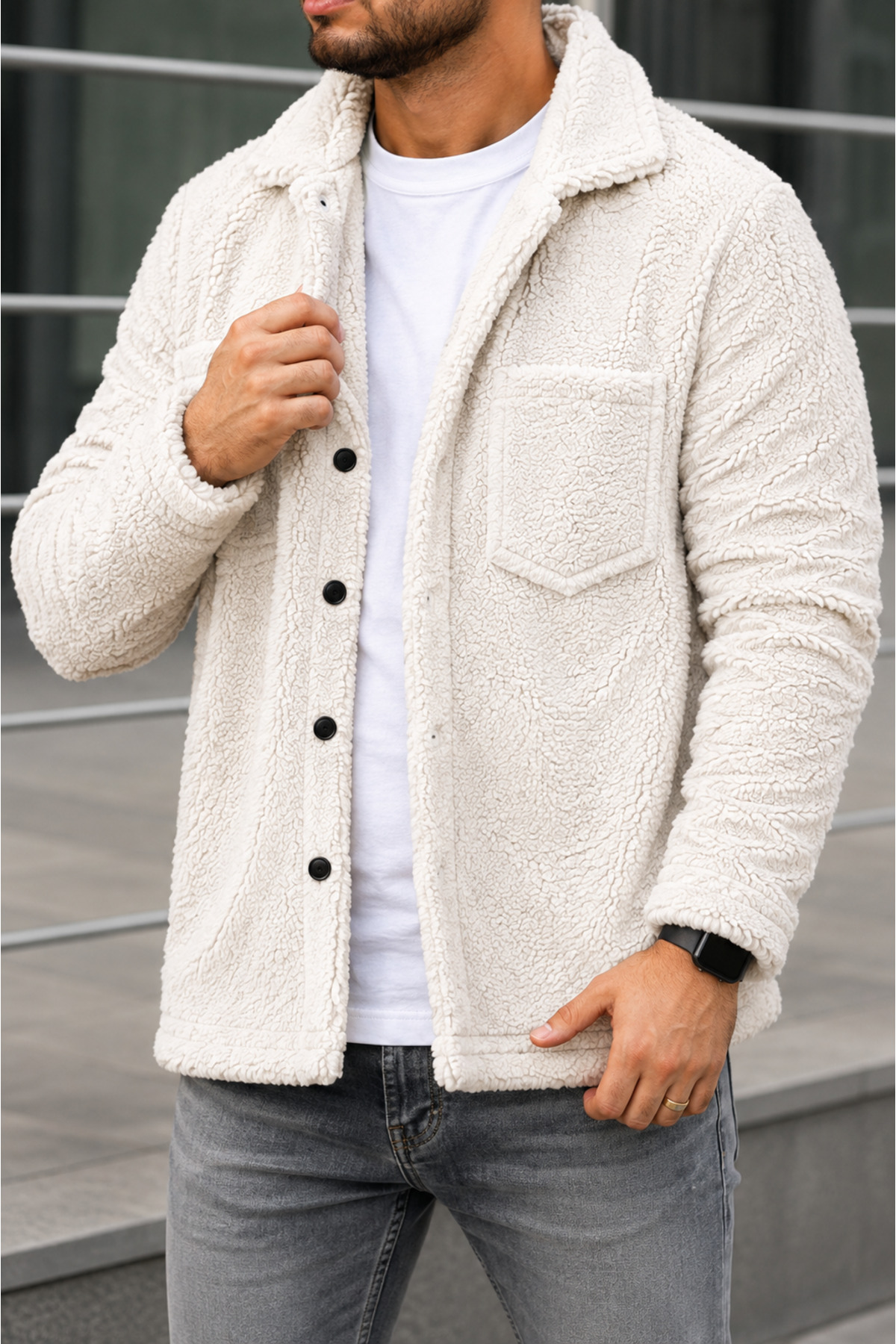 legends butik Unisex Peluş Ceket Kışlık Kalın Dokulu Düğmeli Çift Cepli Oversize Gömlek Ceket Hırka görsel 2