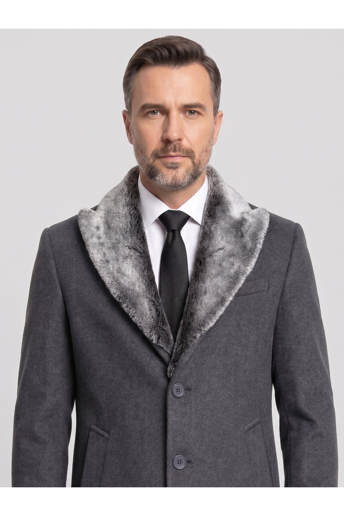 Plus Scorpion Erkek Uzun Kaşe Kaban, Çıkartılabilir Kürk Yaka, Astarlı ve Cepli Slim Fit Mont görsel 2