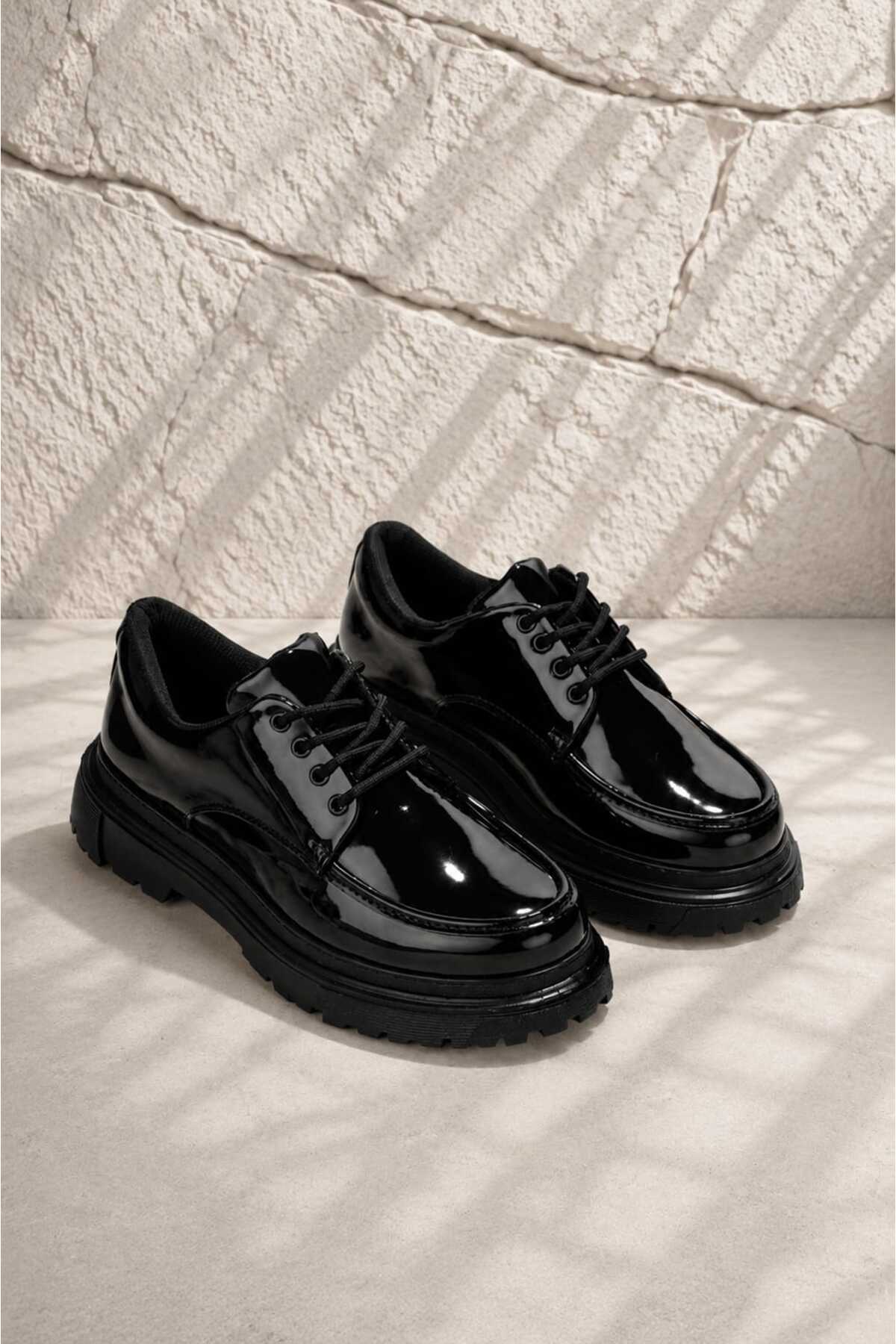 Mhoda Shoes Premium Bağlamalı Makosen Ayakkabı Siyah Rugan