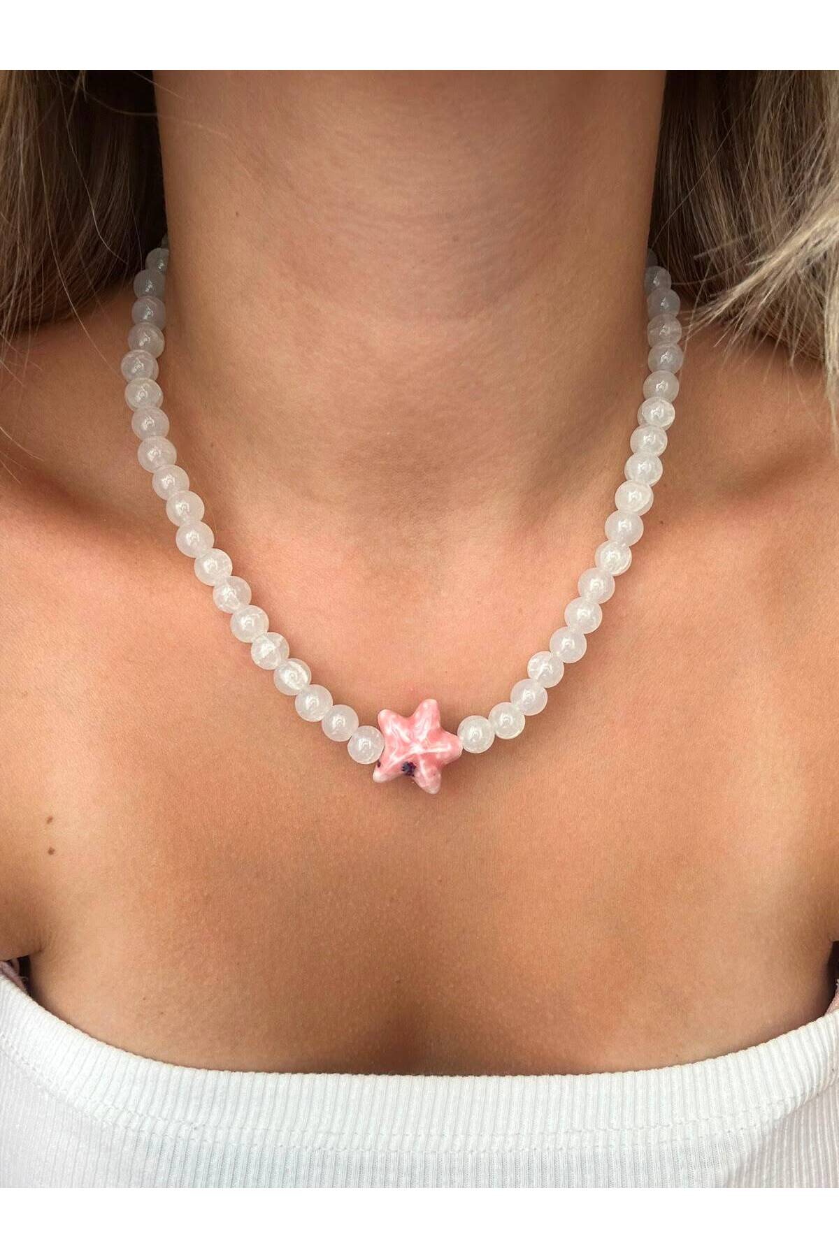 Pembe Deniz Yıldızı Charm Beyaz Renk Yazlık Boncuk Kadın Kolye - Detay Görseli 1