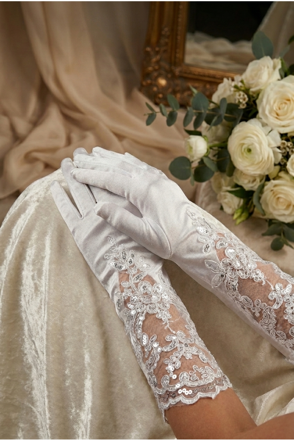 Massaltay Asel Dantel Detaylı Baskılı Saten Gelin Eldiveni Beyaz Uzun Nikah Düğün Nişan Eldiveni görsel 3