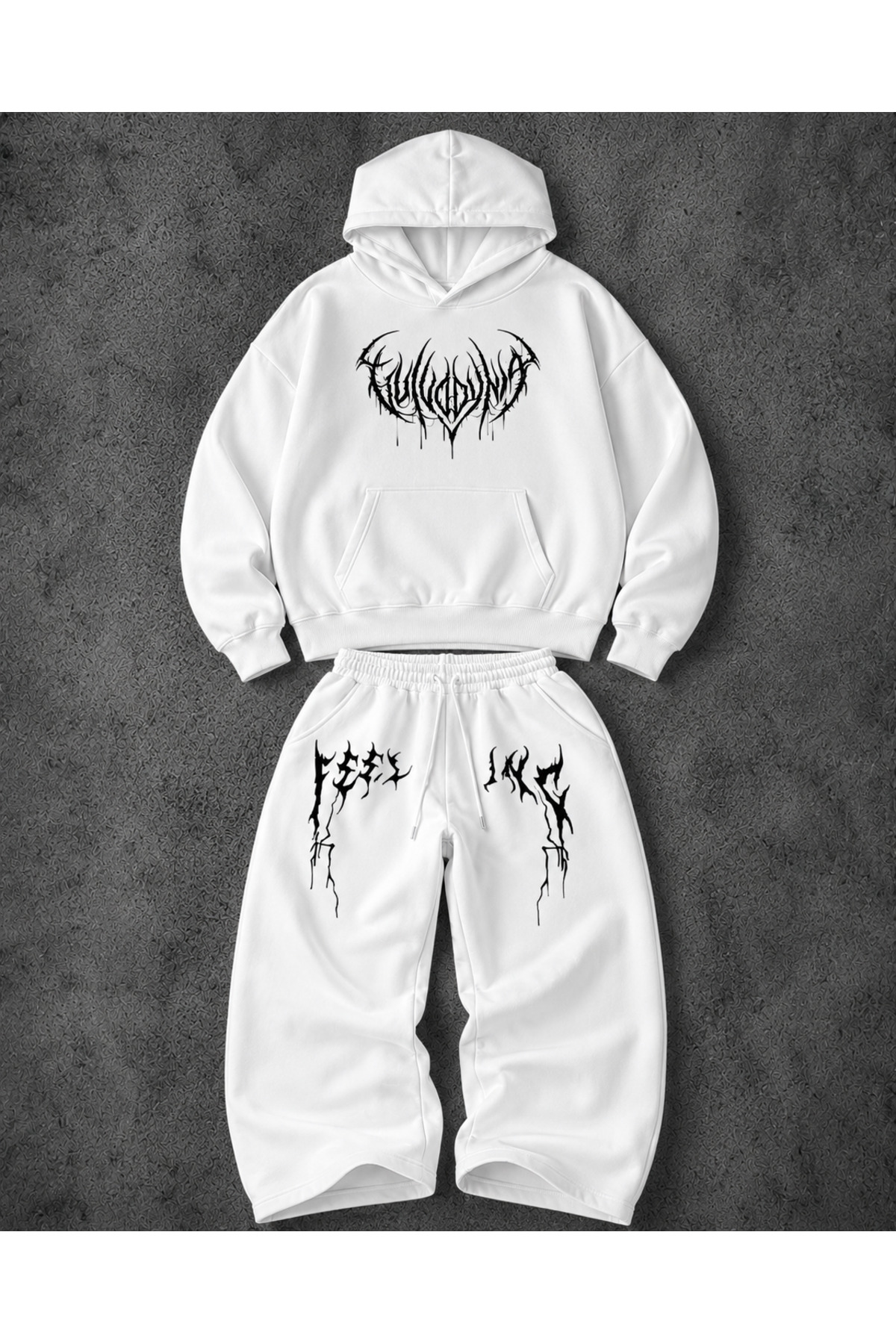 Unisex Kadın Erkek Feeling Yazı Baskılı Oversize 3 İplik Kapüşonlu Hoodie ve Baggy Eşofman Altı — سفید macklineflngbgy