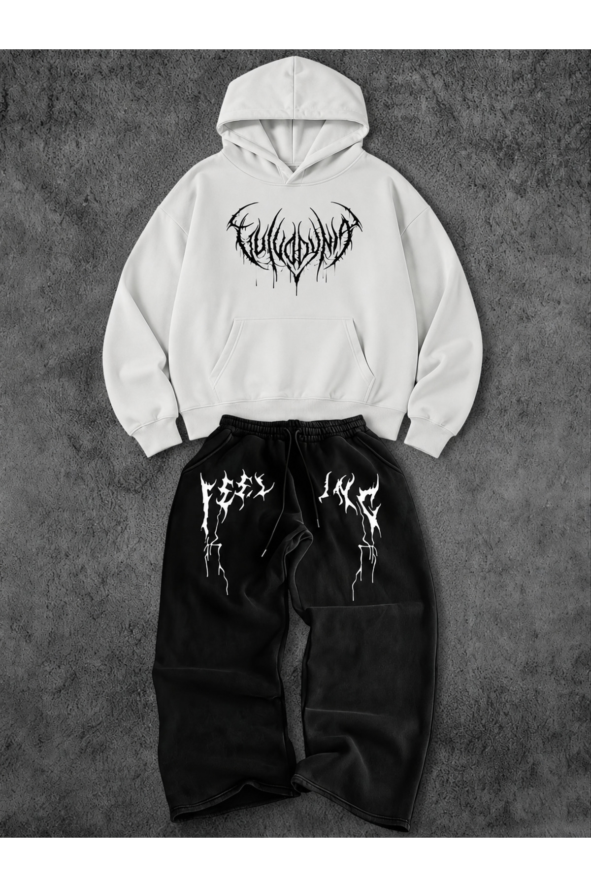 Unisex Kadın Erkek Feeling Yazı Baskılı Oversize 3 İplik Kapüşonlu Hoodie ve Baggy Eşofman Altı — سفید macklineflngbgy