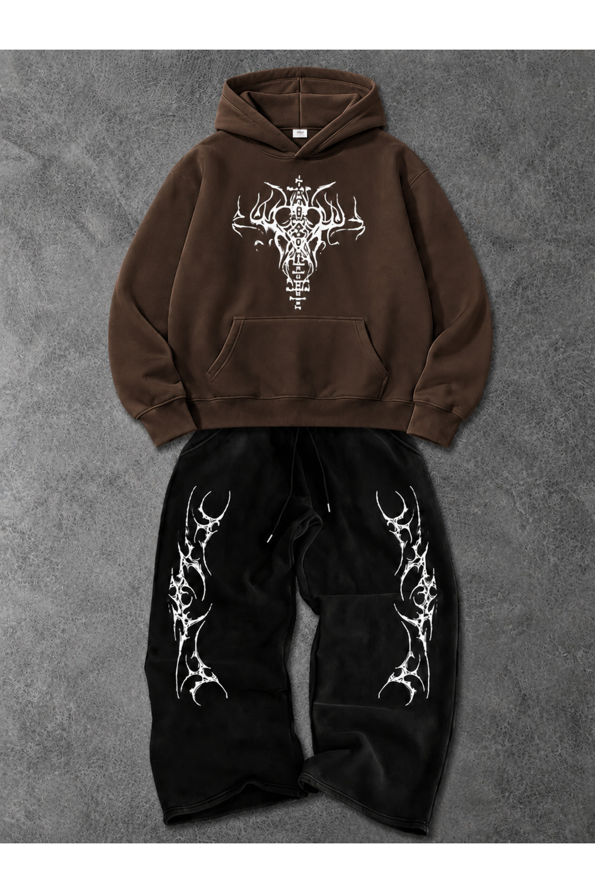 Unisex Kadın Erkek Punch Baskılı Oversize 3 İplik Kapüşonlu Sweatshirt ve Baggy Eşofman Altı — قهوه‌ای macklinepunchbgy